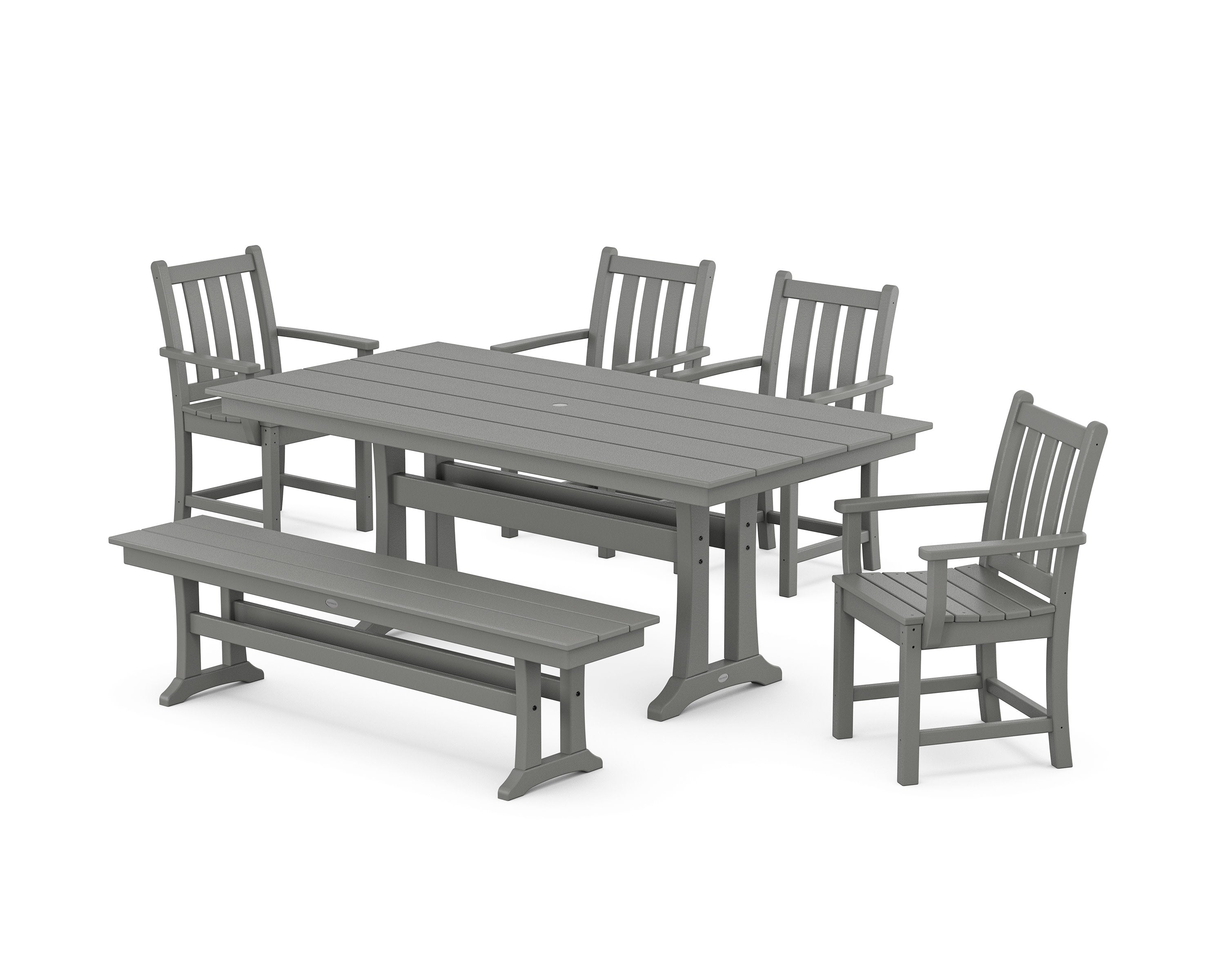 Traditional Garden Arm Chair 6-Piece Farmhouse Dining Set with Trestle Legs and Bench in Slate Grey