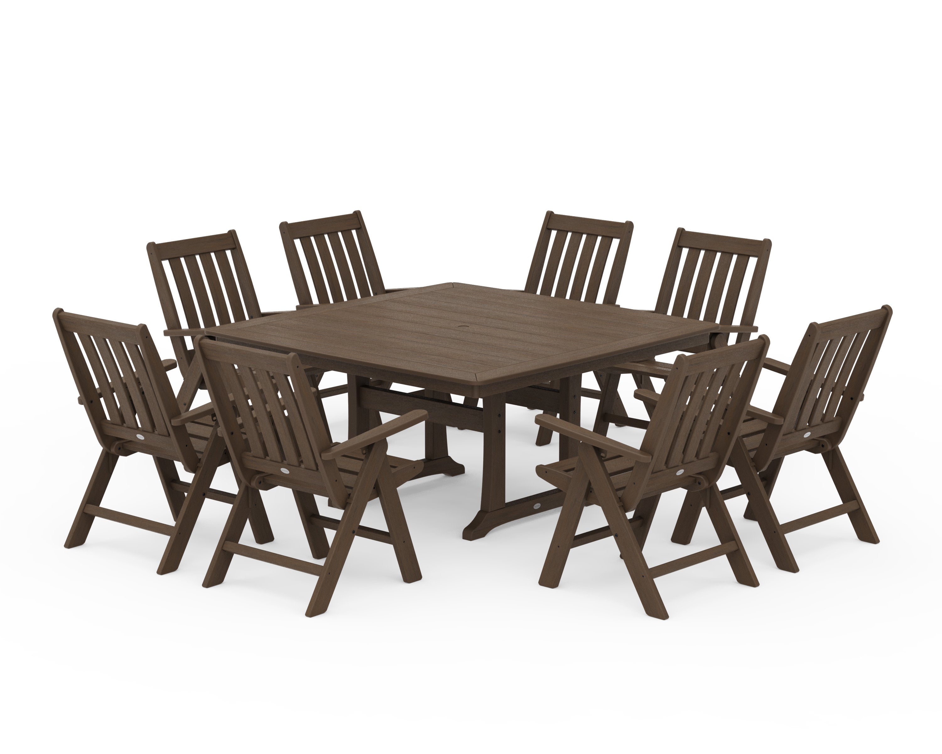 Vineyard Folding Chair 9-Piece Square Dining Set with Trestle Legs in Kona