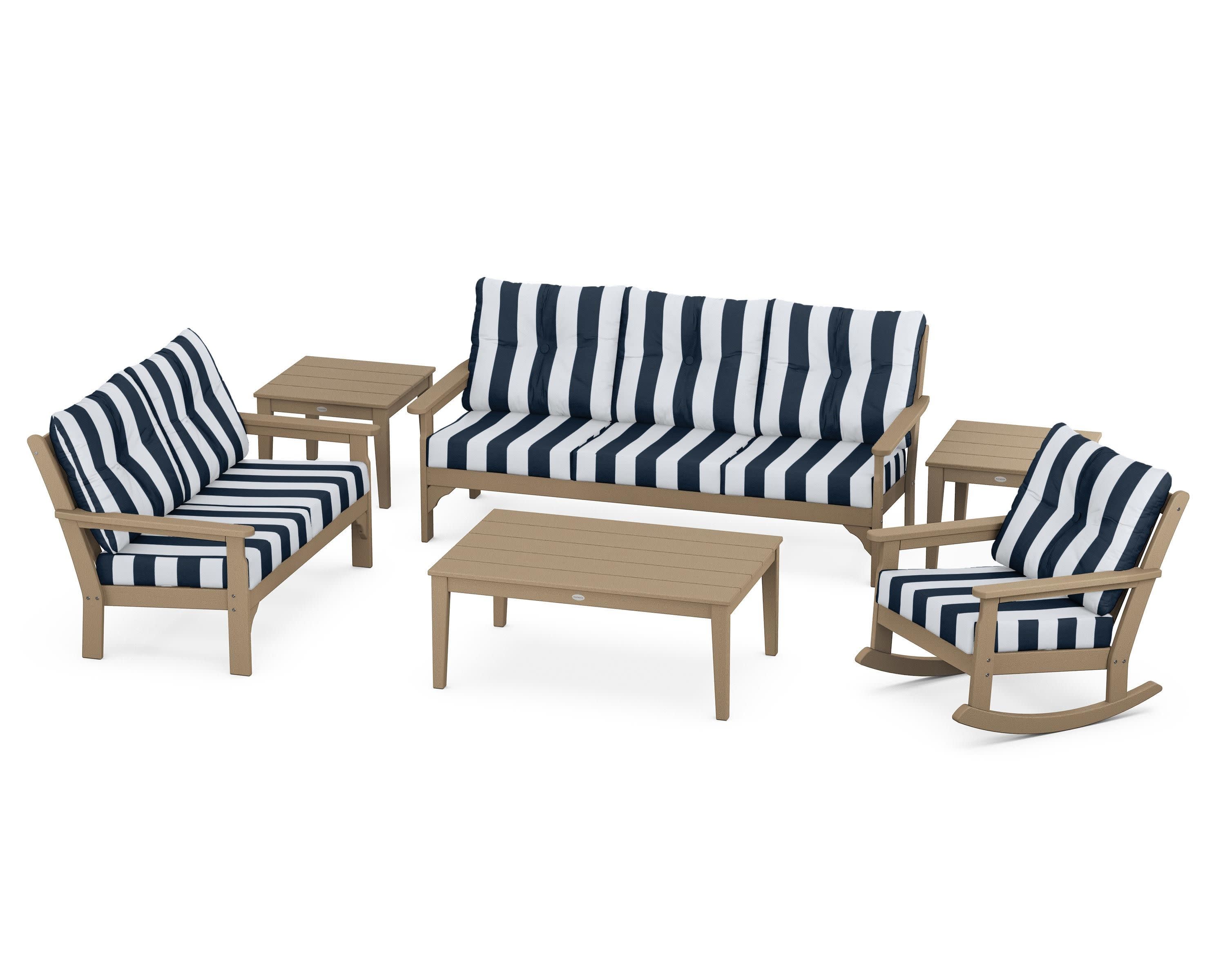 Vineyard 6-Piece Deep Seating Set in Vintage Sahara / Cabana Stripe Marine Indigo