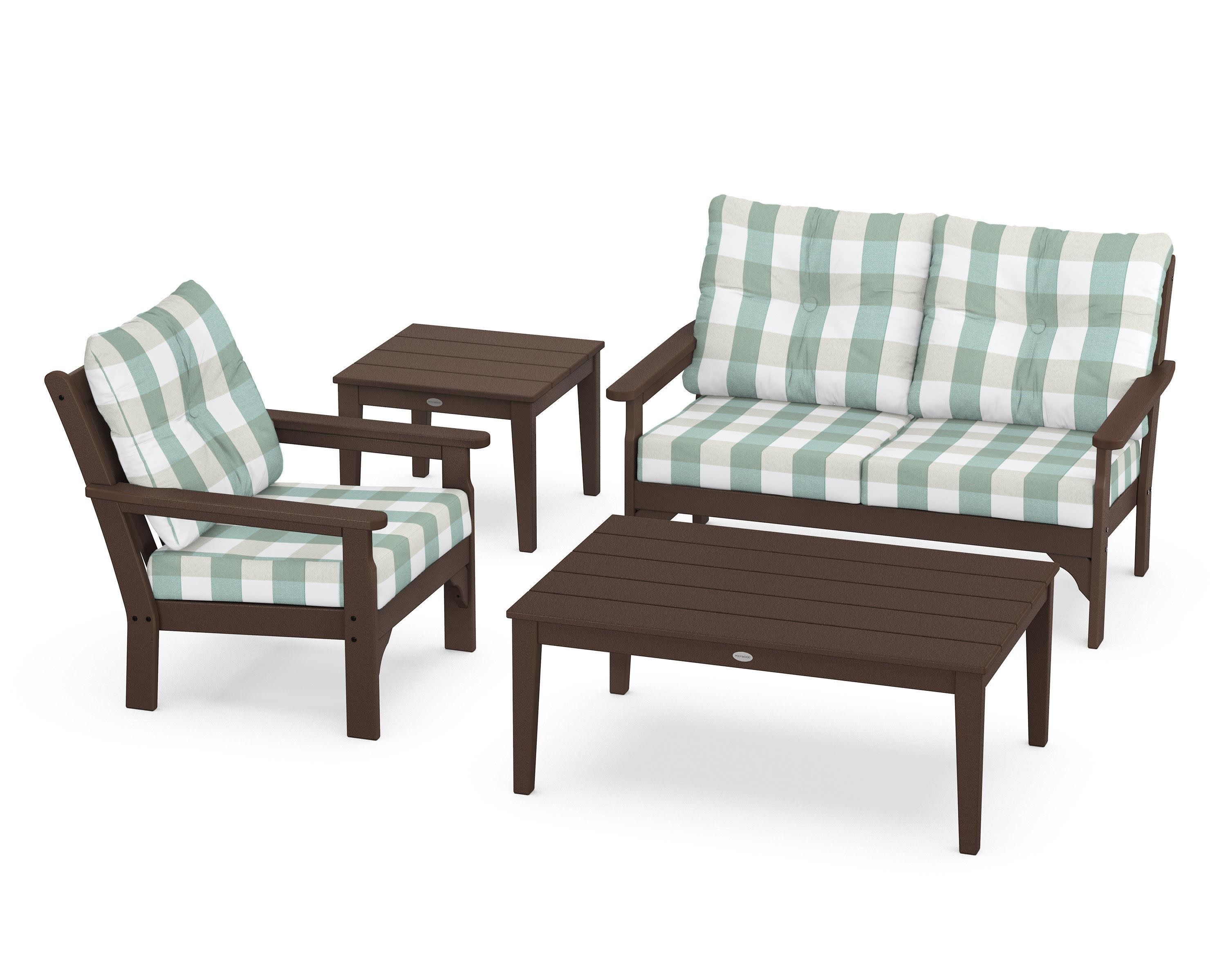 Vineyard 4-Piece Deep Seating Set in Mahogany / Buffalo Plaid Glacier Spa