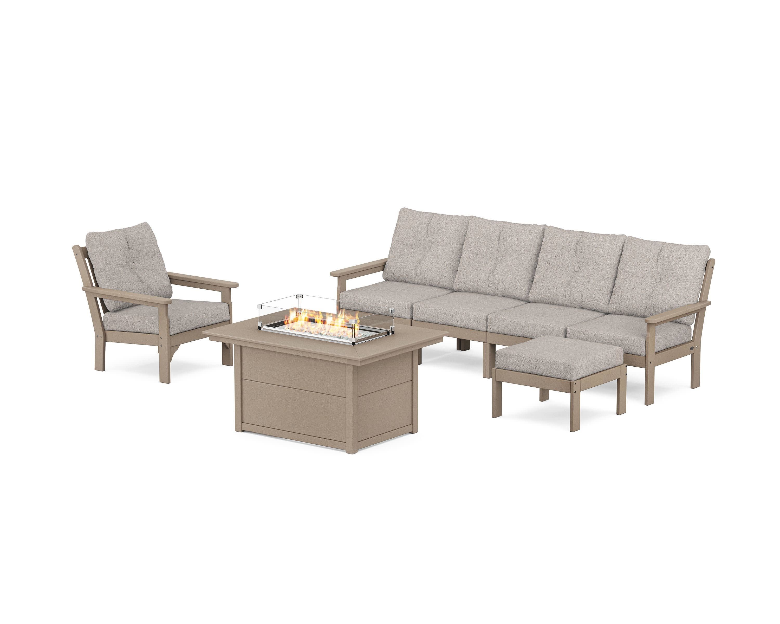 Vineyard Sectional Lounge and Fire Pit Set in Vintage Sahara / Weathered Tweed