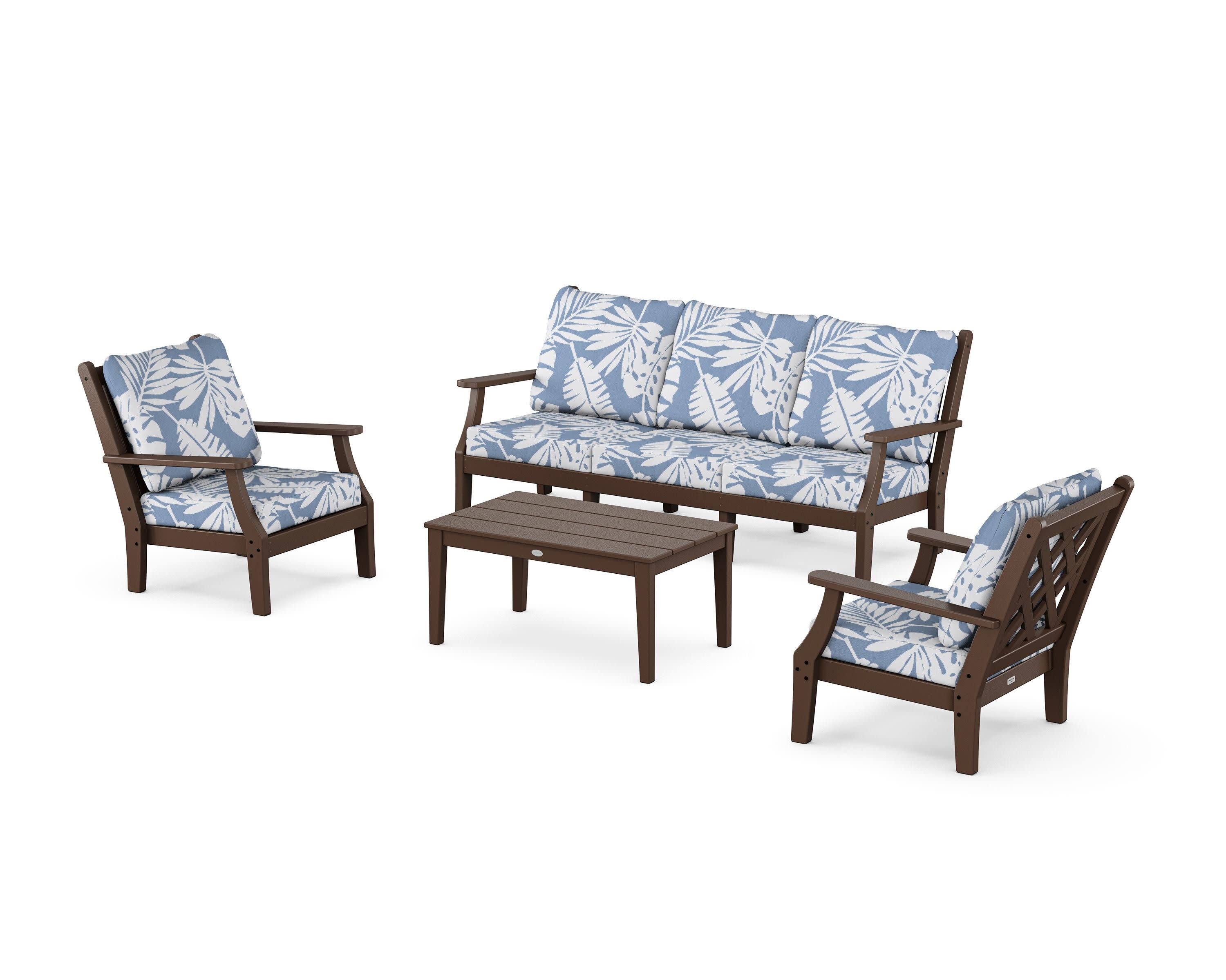Wovendale 4-Piece Deep Seating Set with Sofa in Mahogany / Leaf Sky Blue