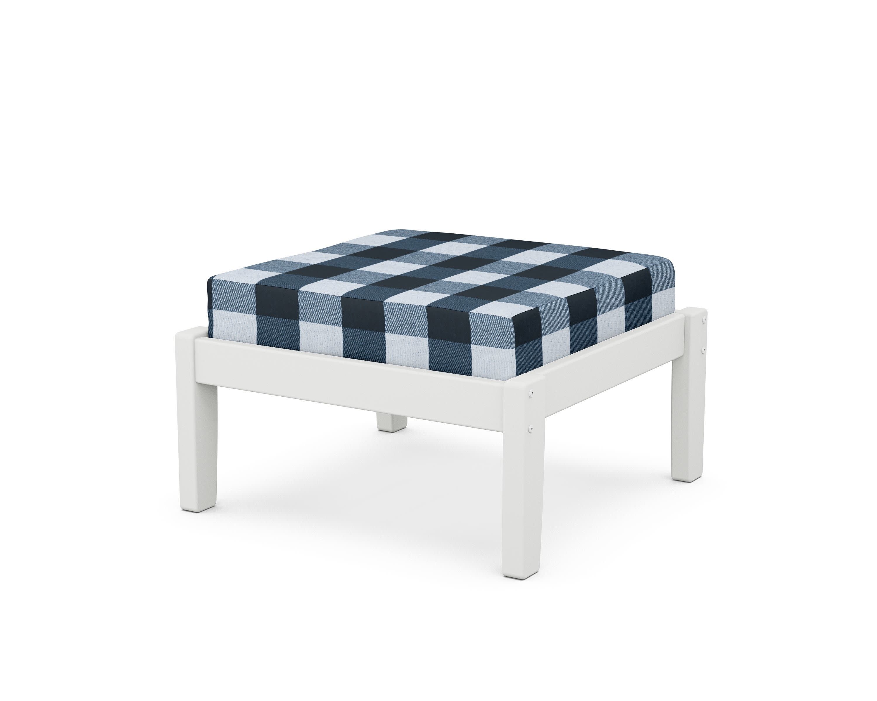 Deep Seating Ottoman in White / Buffalo Plaid Marine Indigo