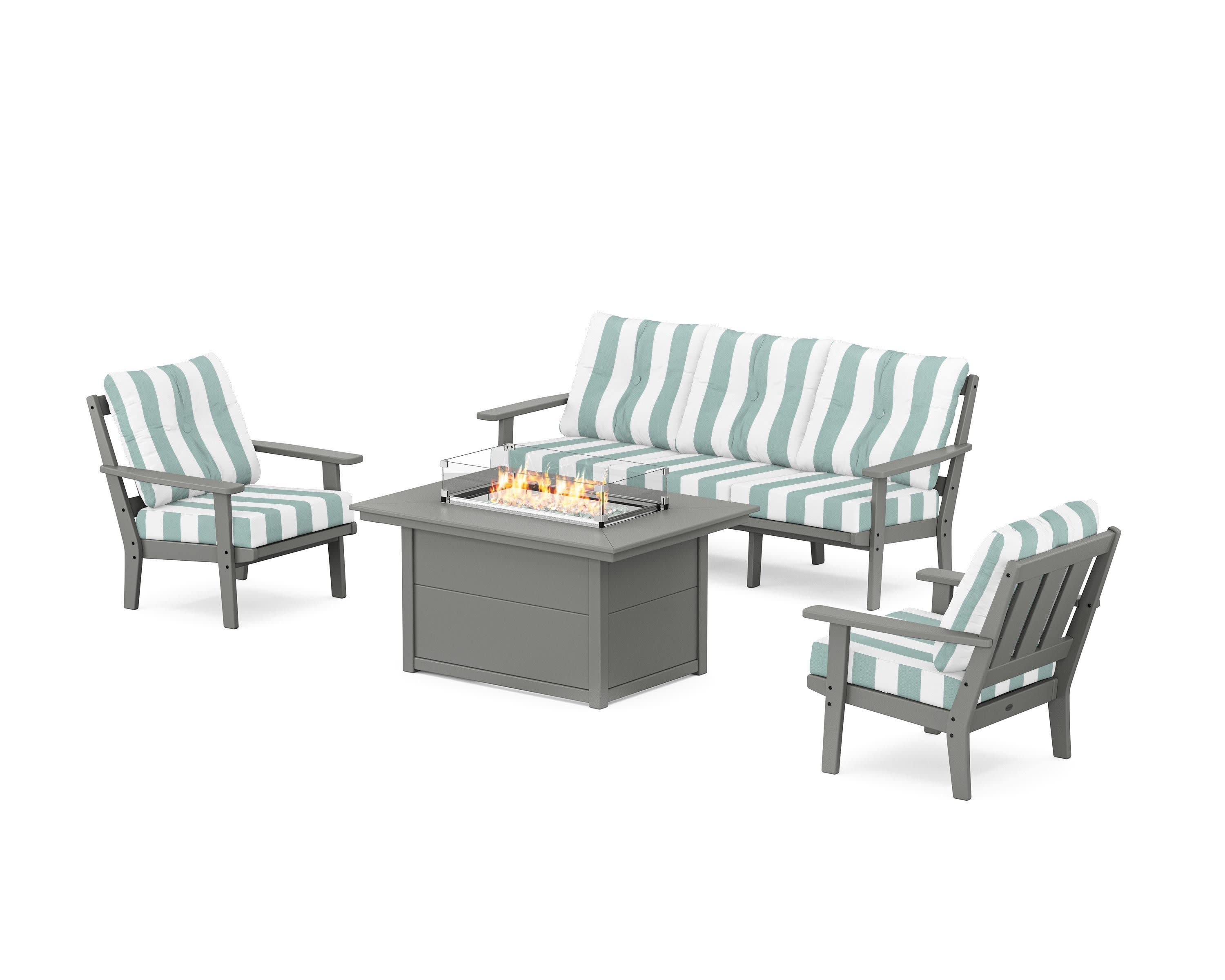 Oxford Deep Seating Fire Pit Table Set in Slate Grey / Cabana Stripe Glacier Spa