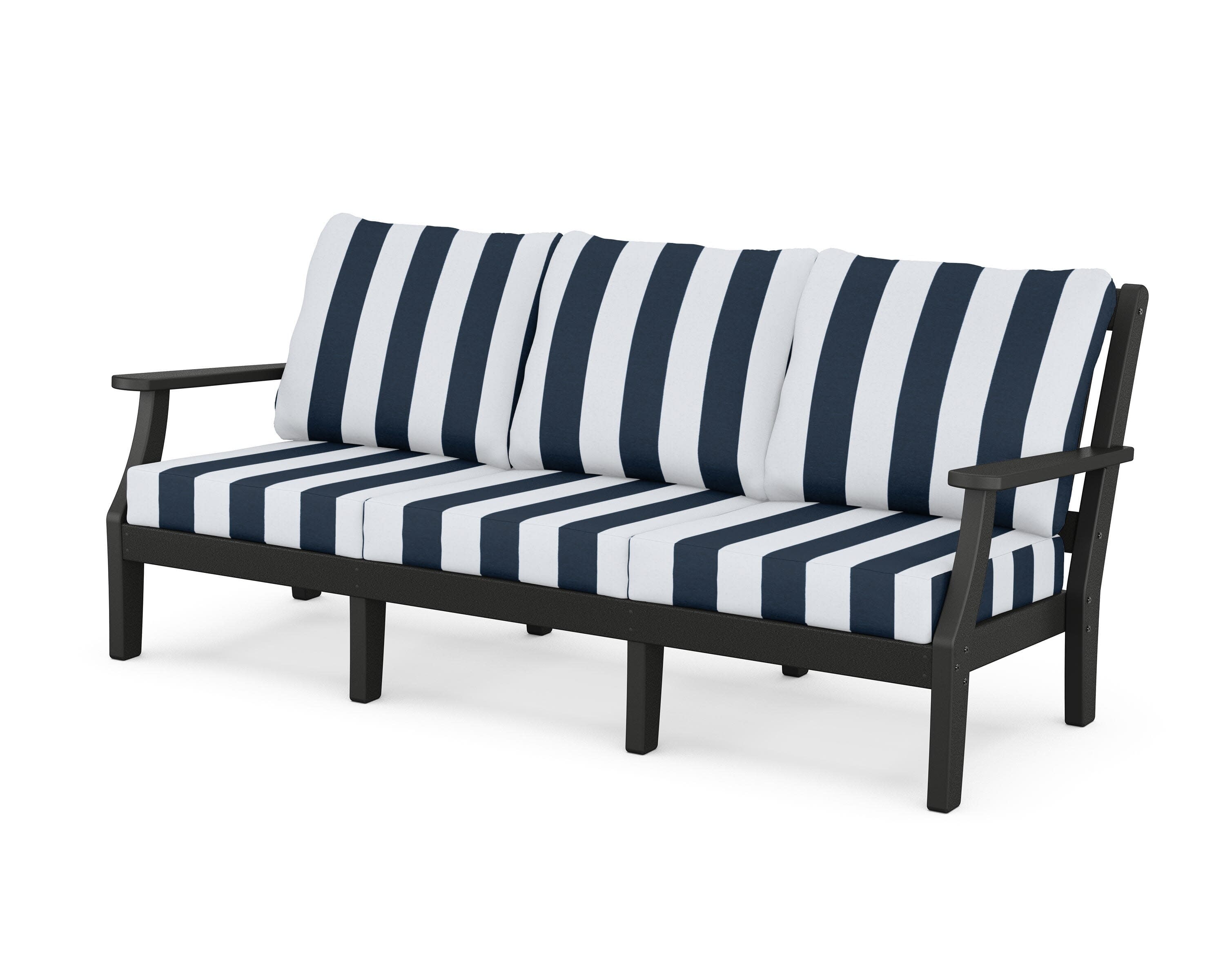 Chinoiserie Deep Seating Sofa in Black / Cabana Stripe Marine Indigo