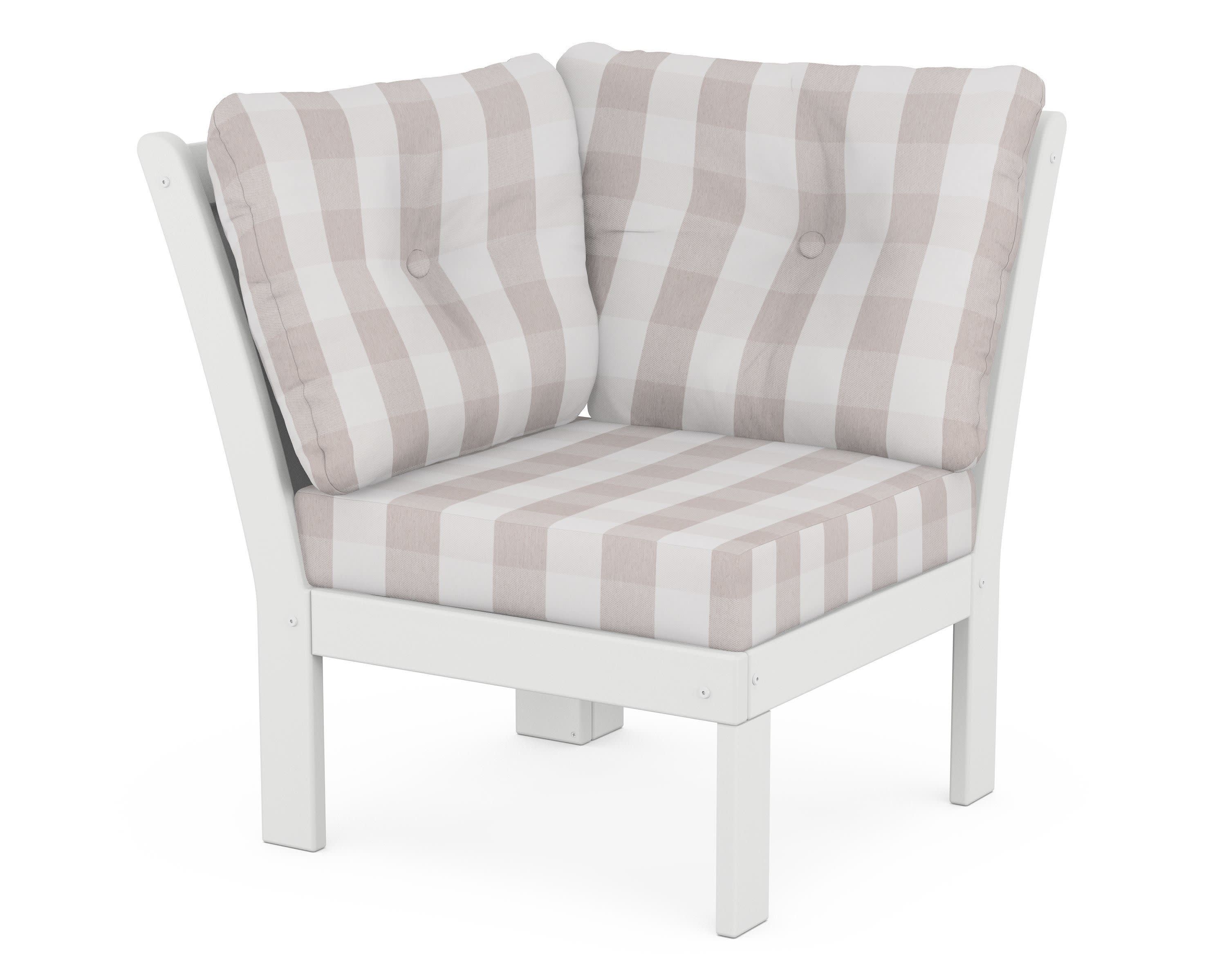 Vineyard Modular Corner Chair in White / Buffalo Plaid Dune Burlap