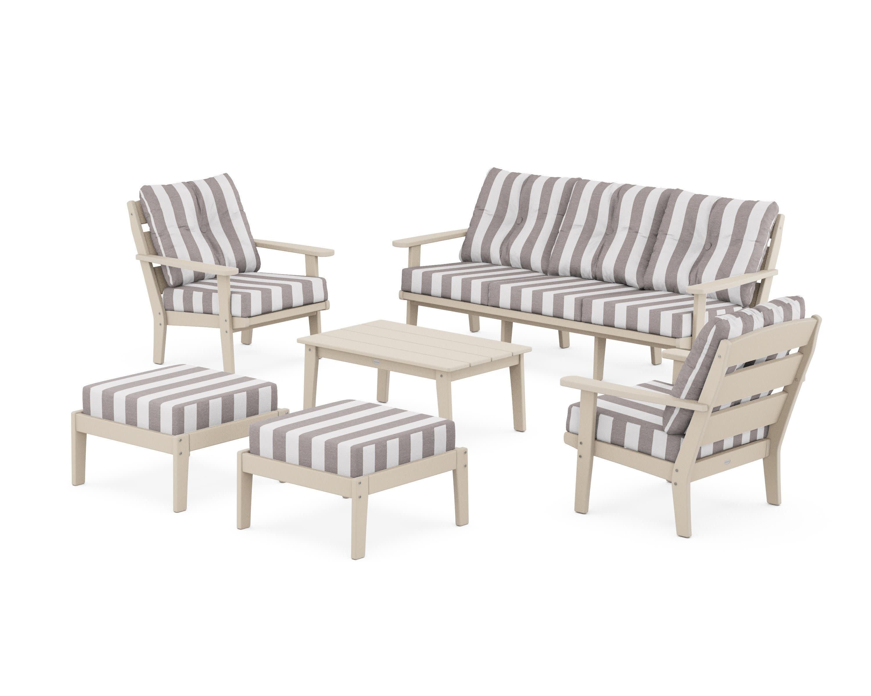 Lakeside 6-Piece Lounge Sofa Set in Sand / Cabana Stripe Grey Mist
