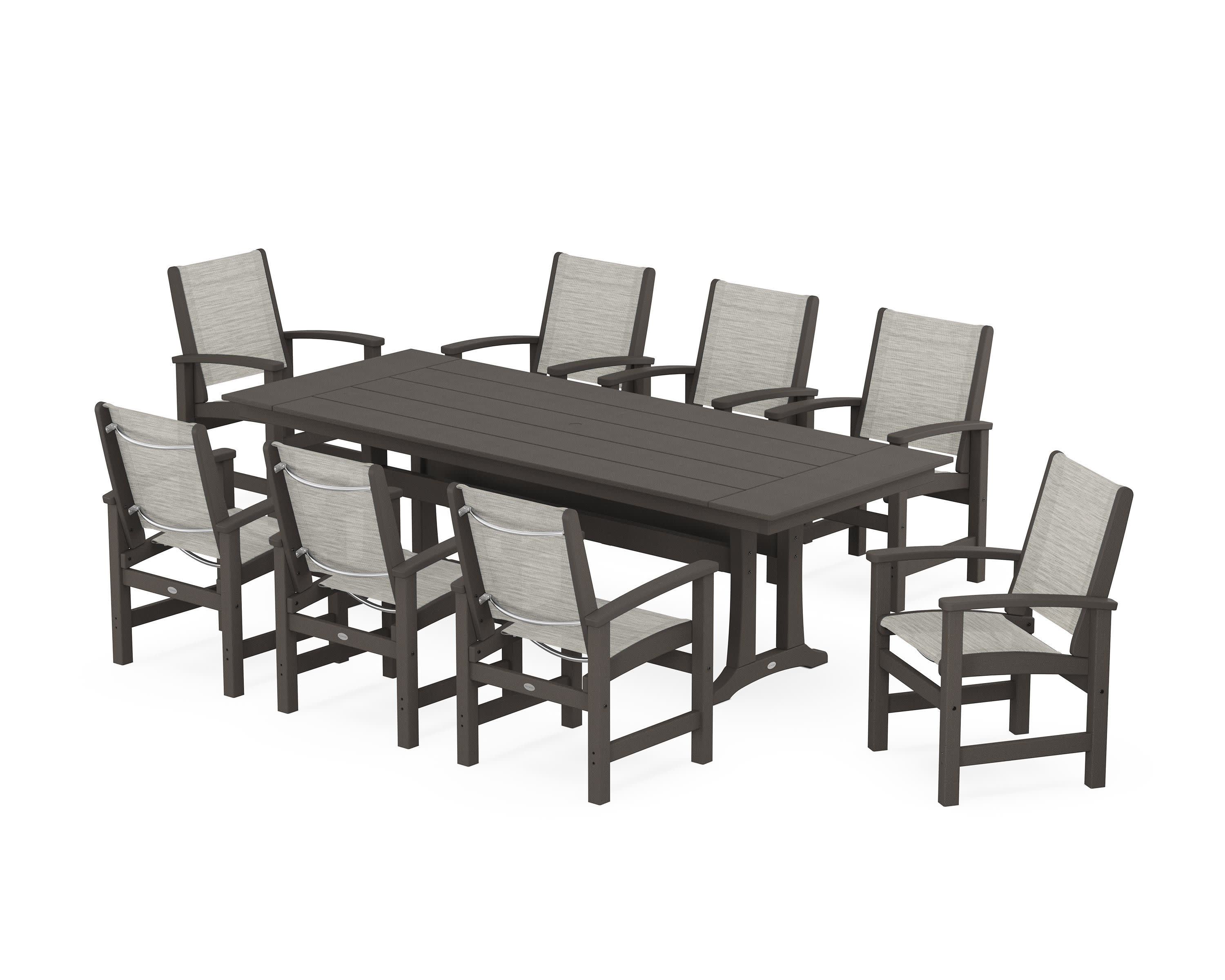 Coastal 9-Piece Farmhouse Dining Set with Trestle Legs in Vintage Coffee / Birch Sling