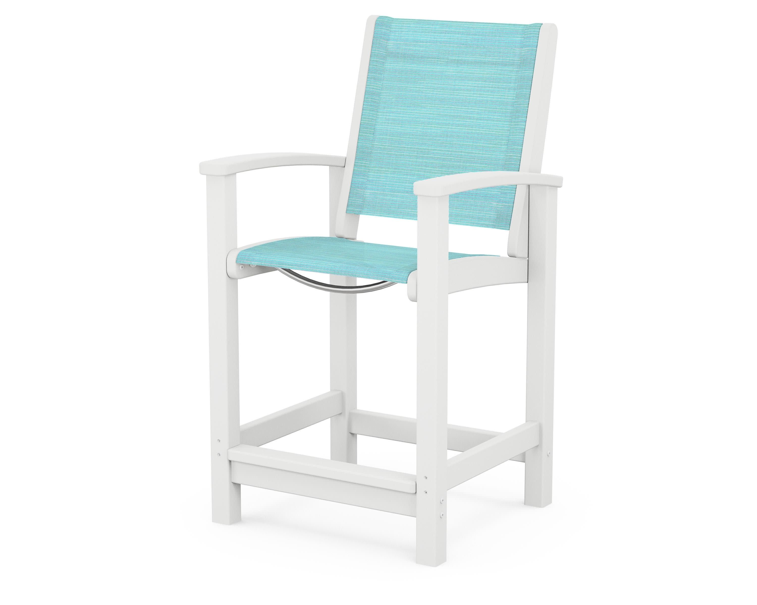 Coastal Counter Chair in White / Dupioni Aquamarine Sling