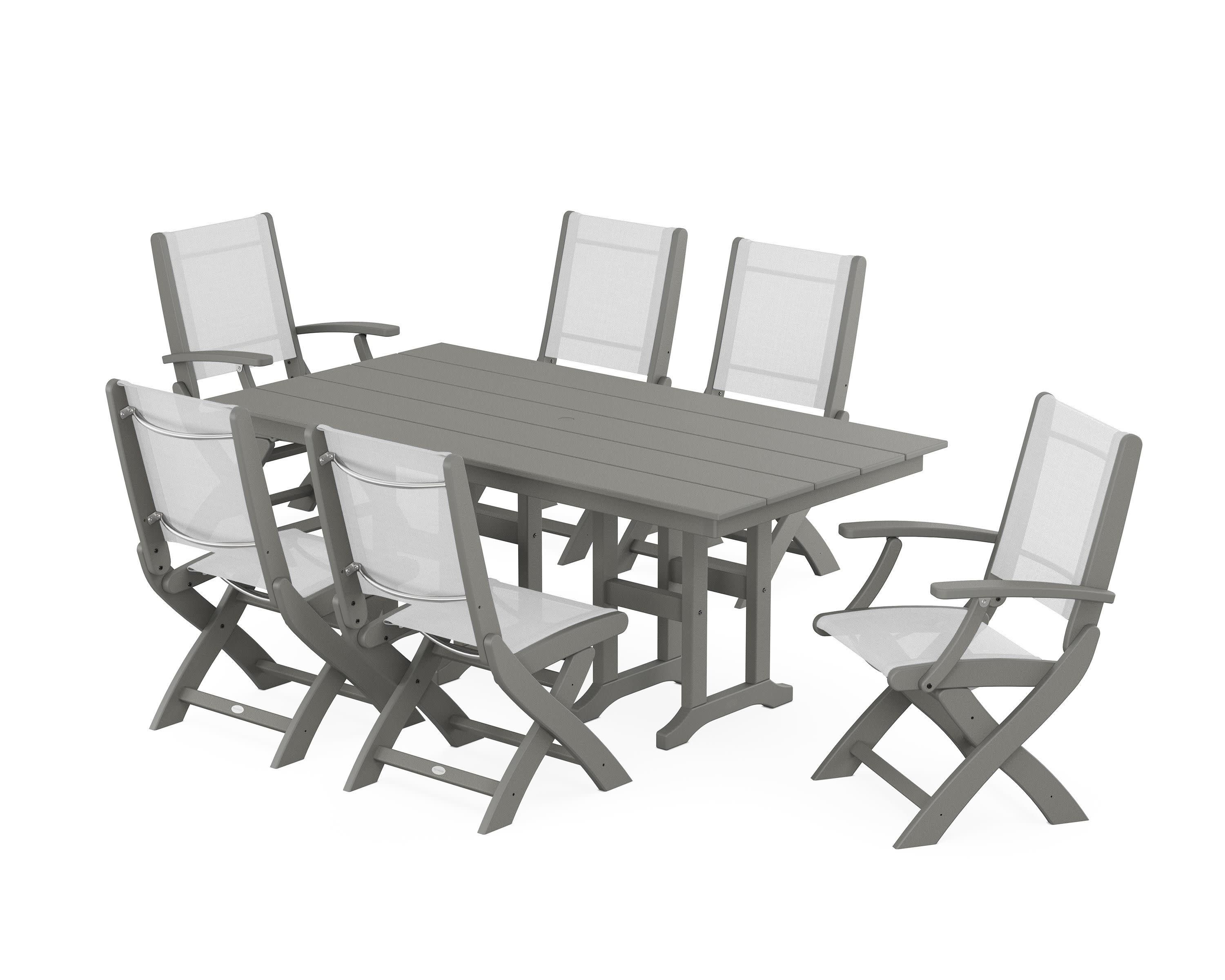 Coastal Folding Chair 7-Piece Farmhouse Dining Set in Slate Grey / White Sling