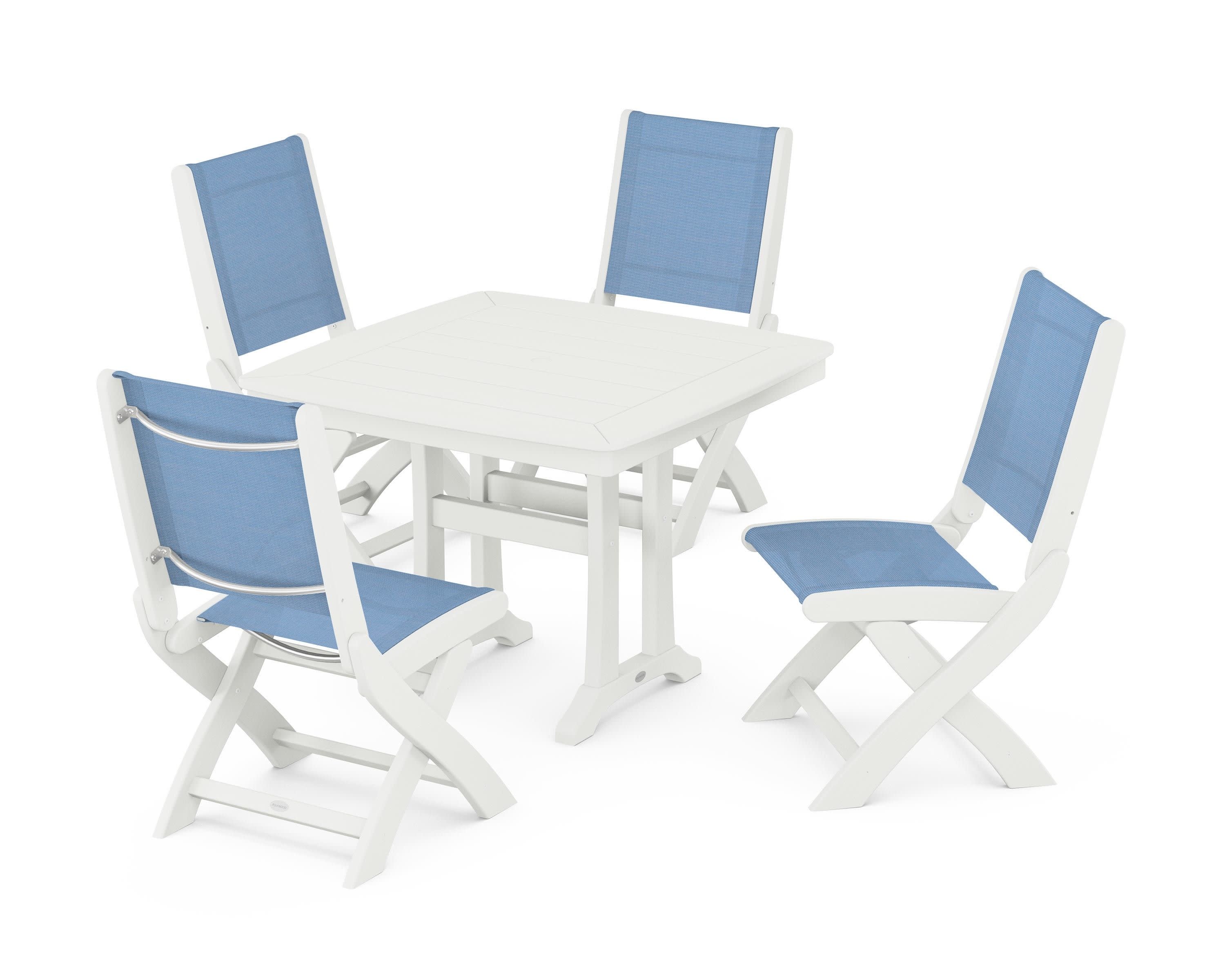 Coastal Folding Side Chair 5-Piece Dining Set with Trestle Legs in Vintage White / Poolside Sling