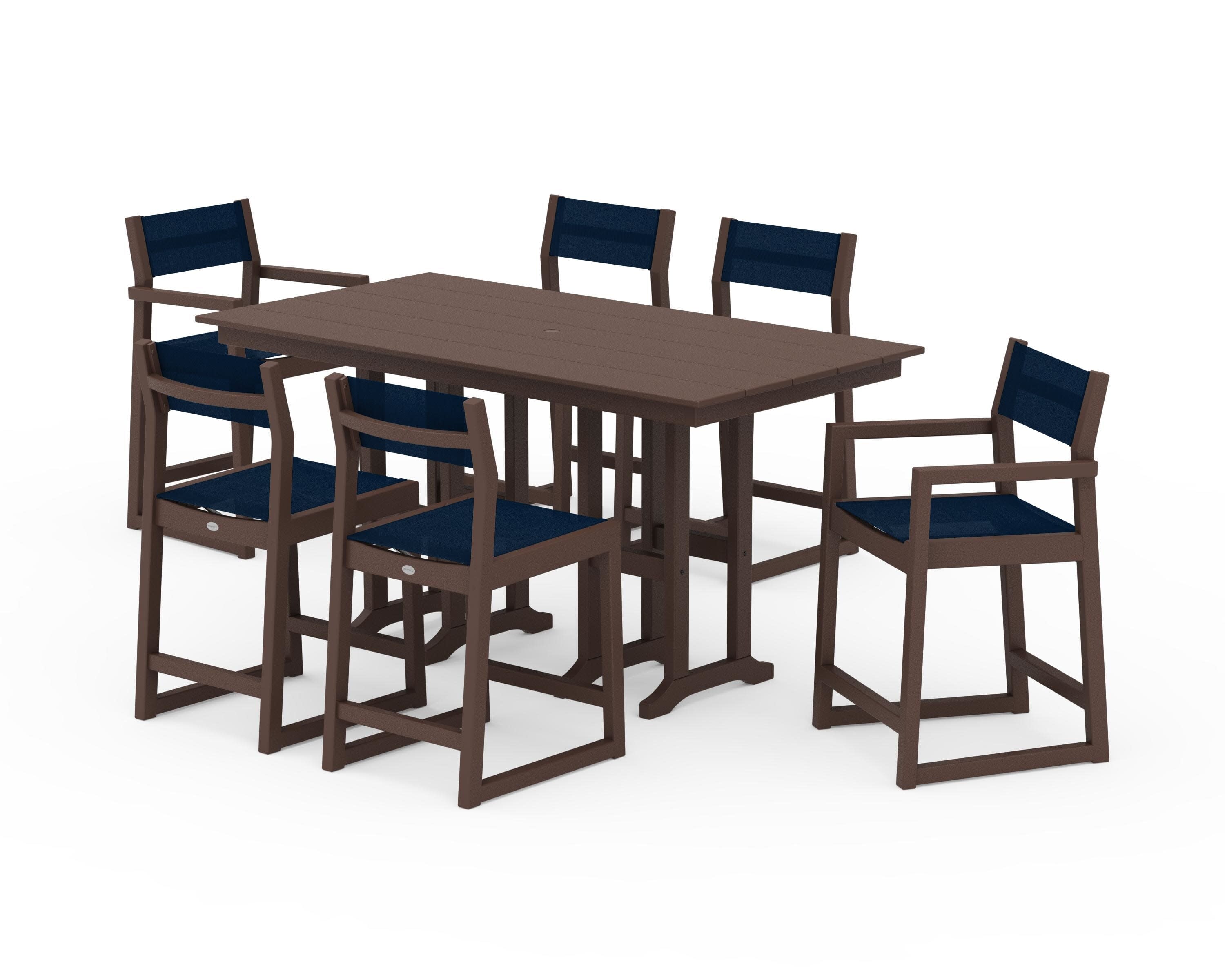 EDGE Sling 7-Piece Farmhouse Counter Set with Trestle Legs in Mahogany / Navy Blue Sling