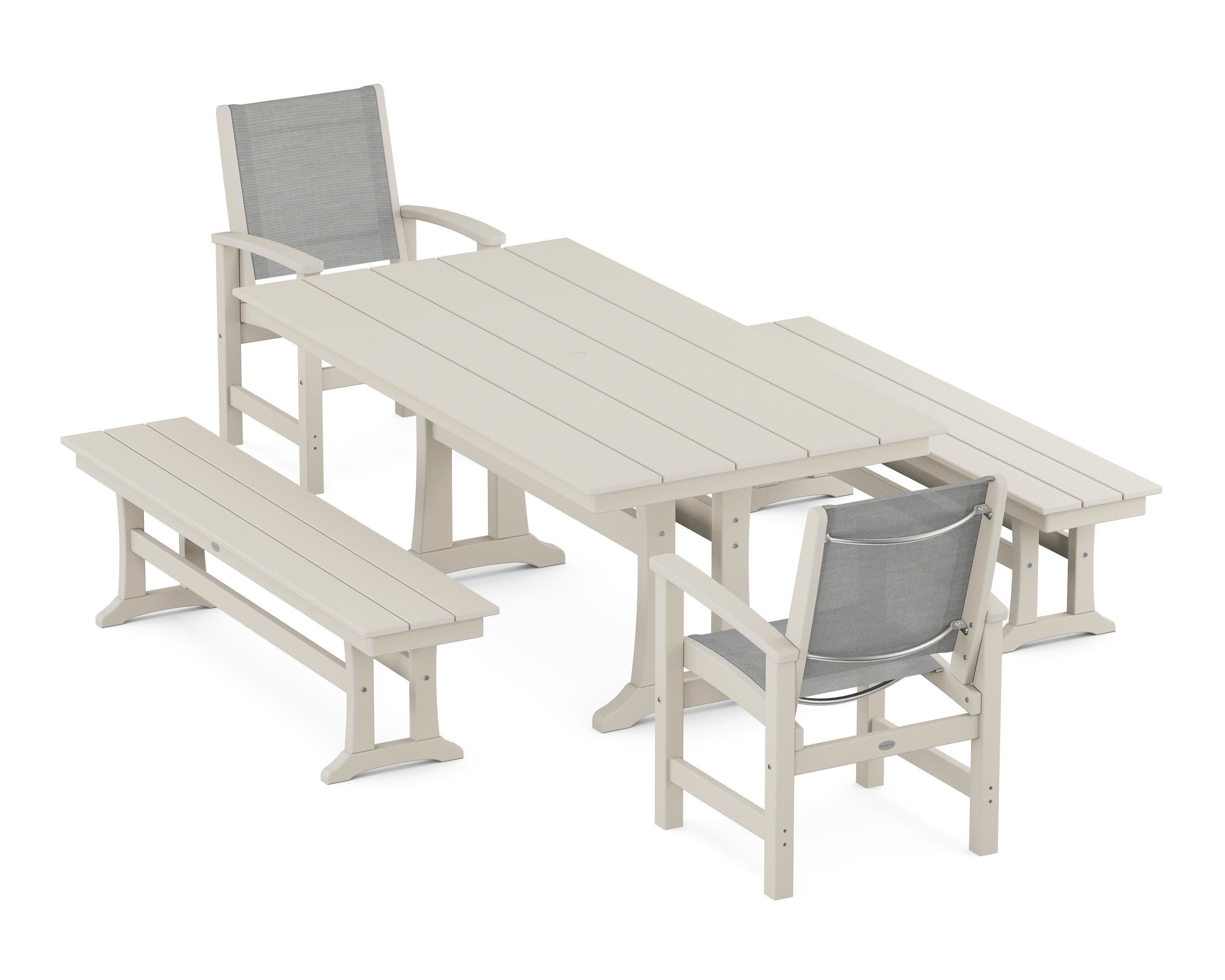 Coastal 5-Piece Farmhouse Dining Set with Trestle Legs and Benches in Sand / Metallic Sling