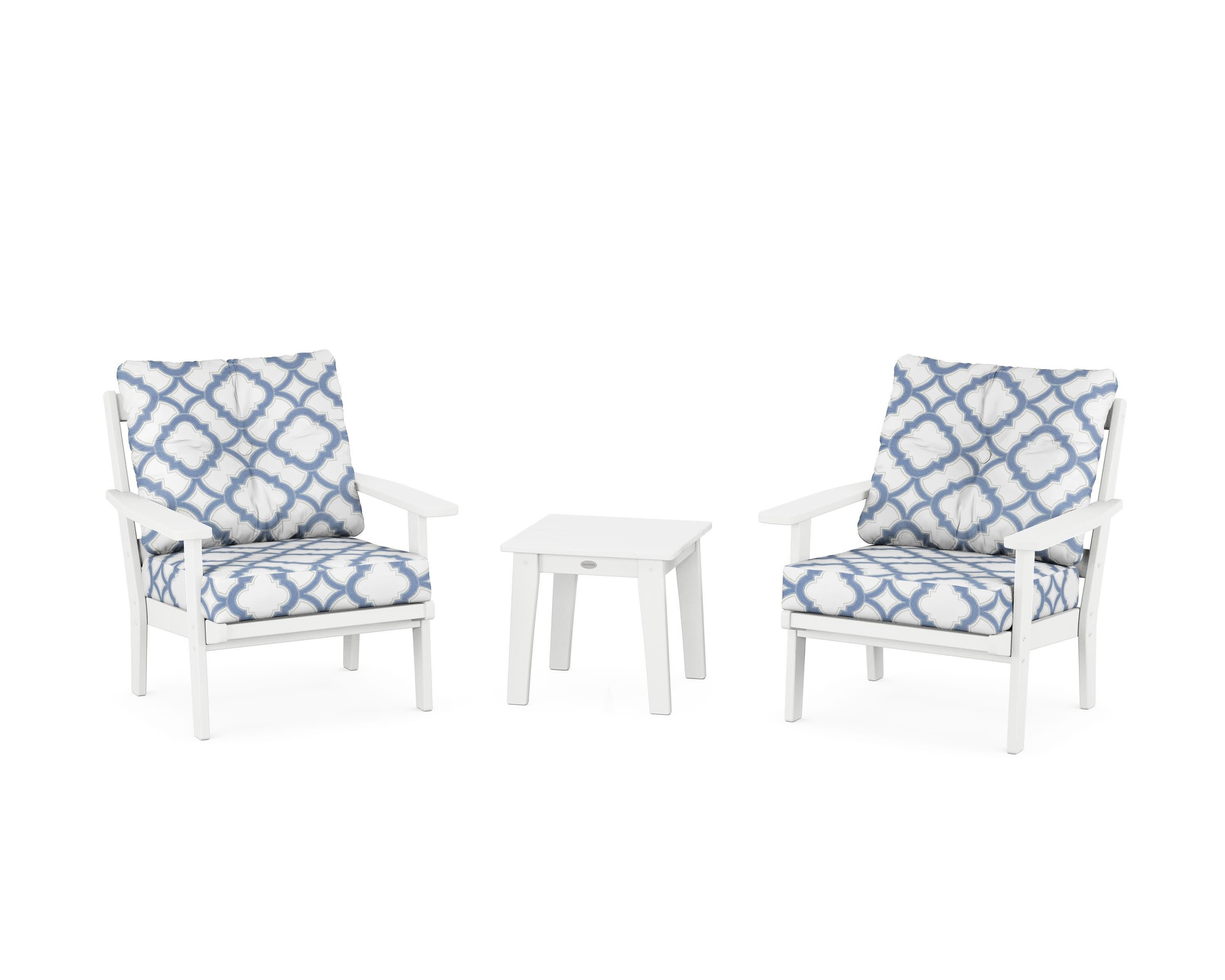 Oxford 3-Piece Deep Seating Set in White / Trellis Sky Blue