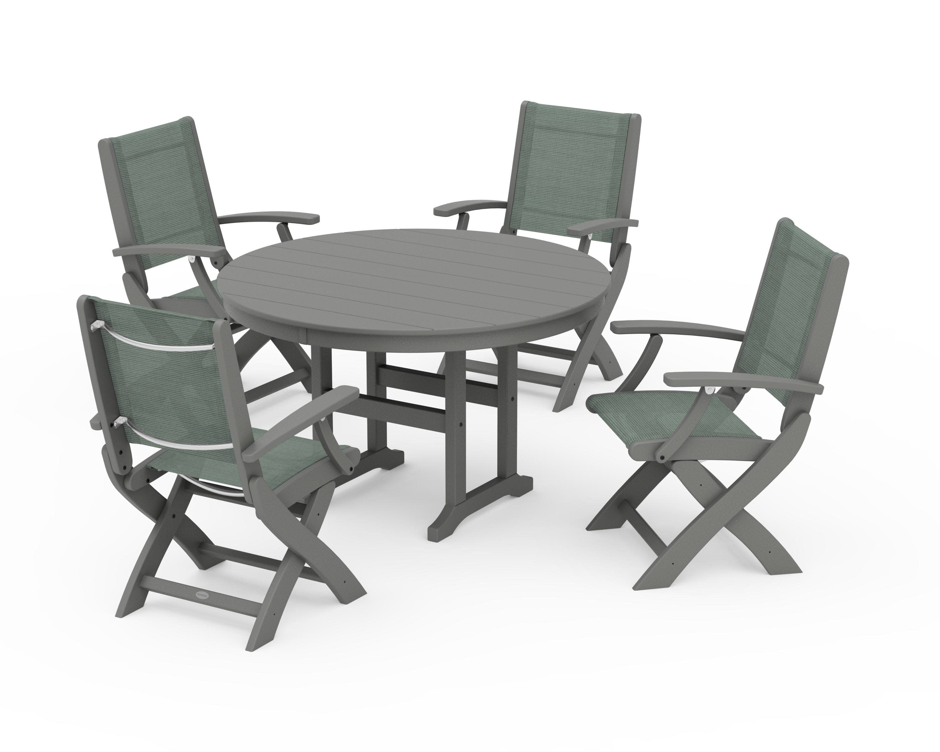 Coastal Folding Chair 5-Piece Round Dining Set in Slate Grey / Dupioni Sea Mist Sling