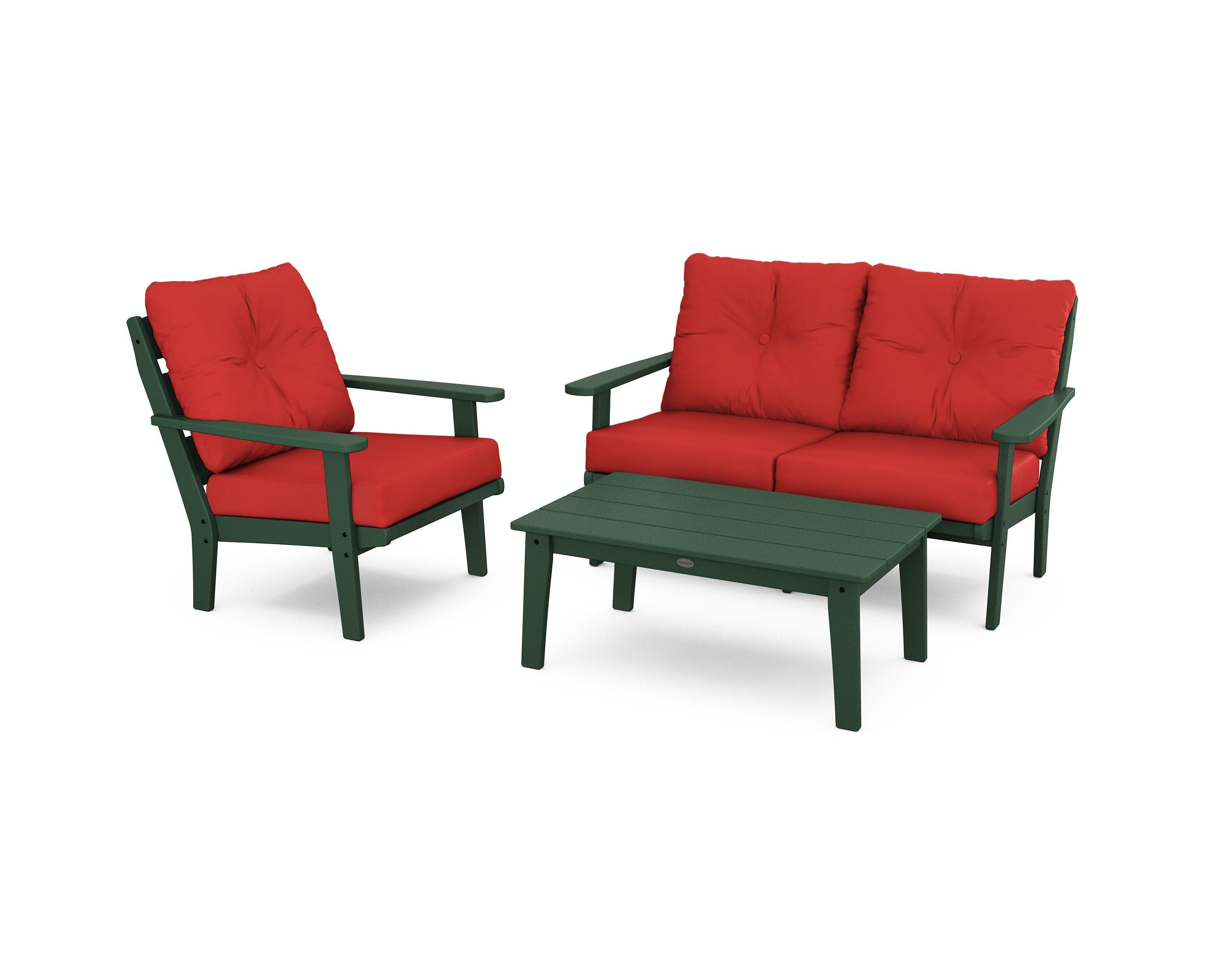 Lakeside 3-Piece Deep Seating Set in Green / Crimson Linen