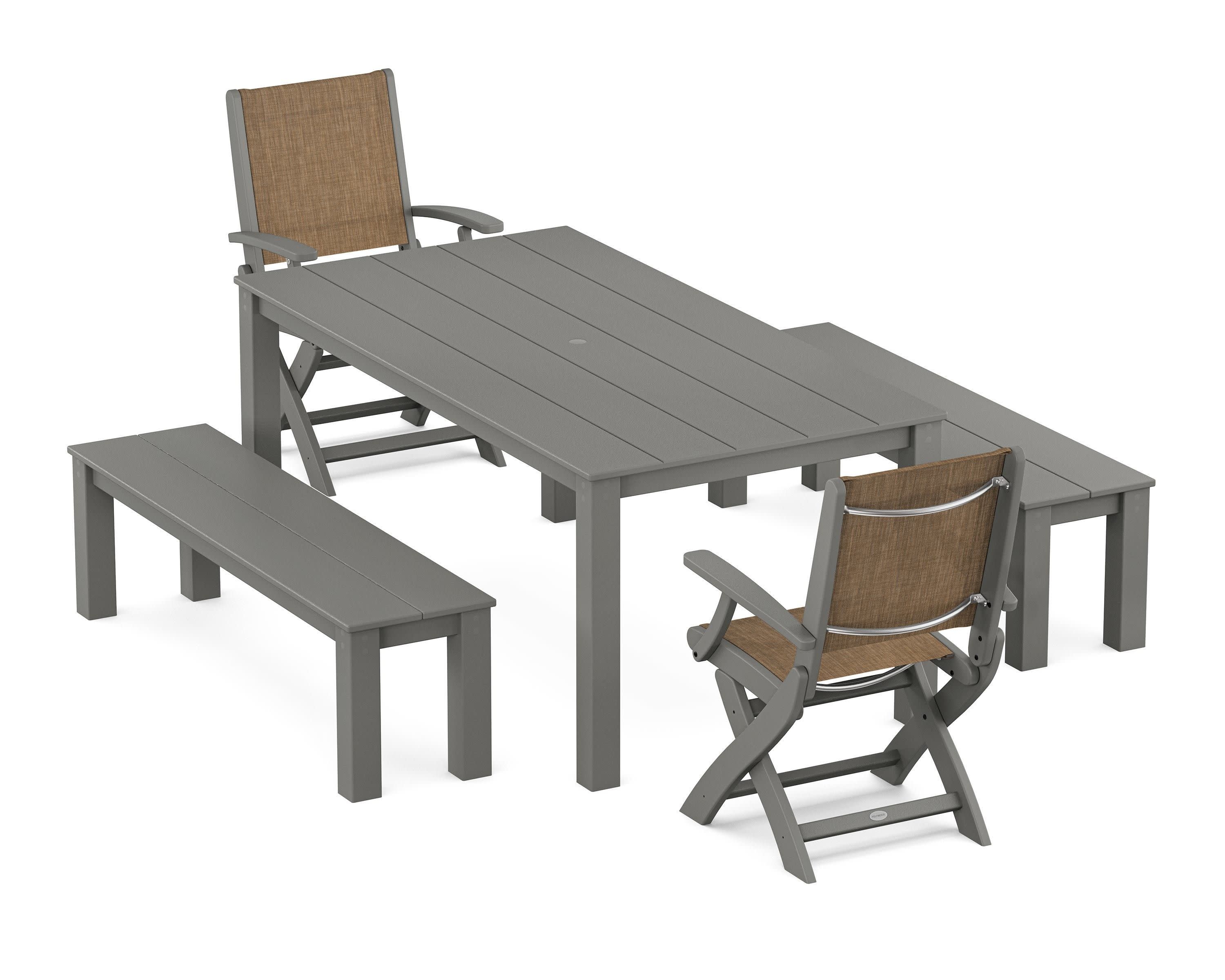 Coastal Folding Chair 5-Piece Parsons Dining Set with Benches in Slate Grey / Burlap Sling