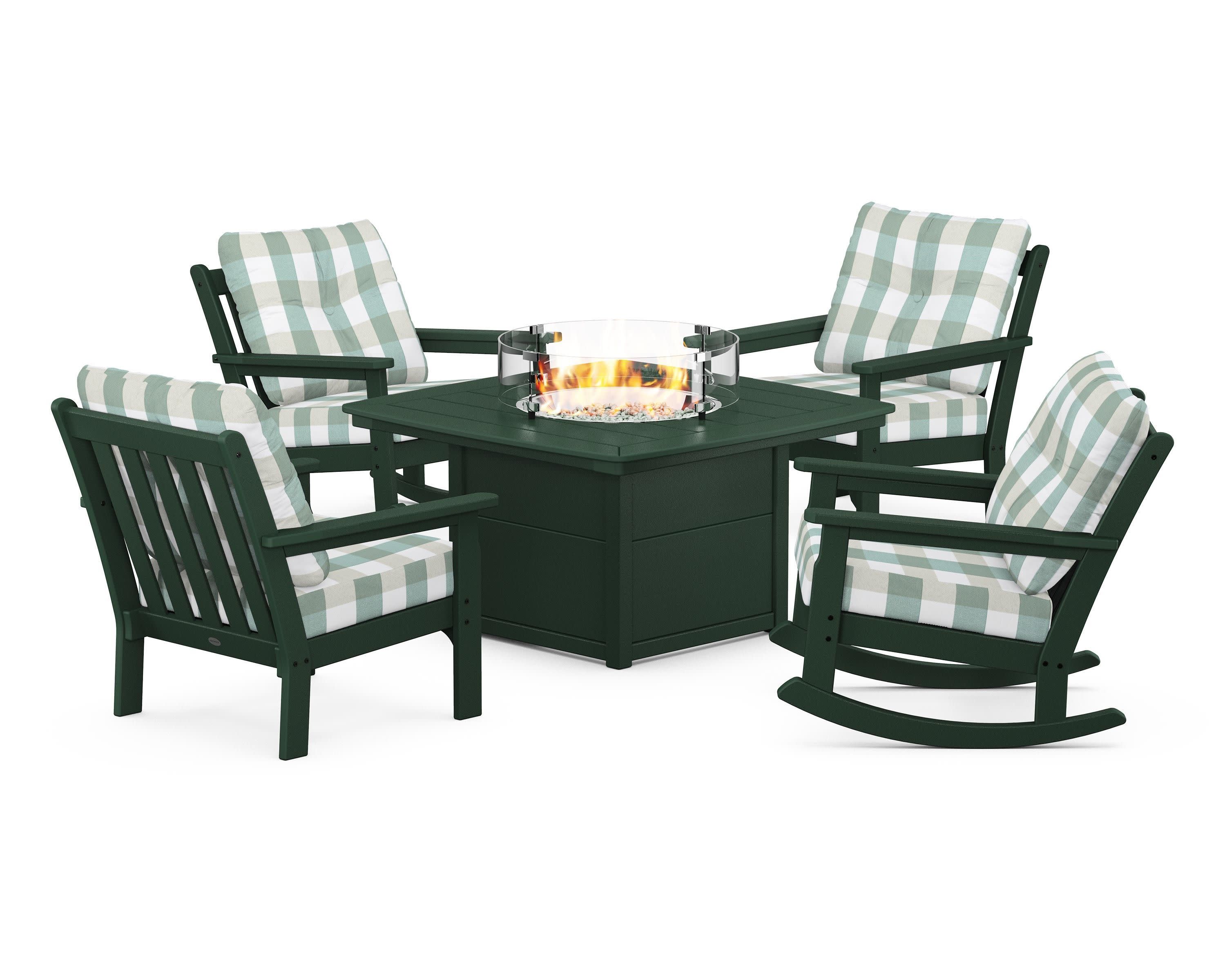 Vineyard 5-Piece Deep Seating Rocking Chair Conversation Set with Fire Pit Table in Green / Buffalo Plaid Glacier Spa