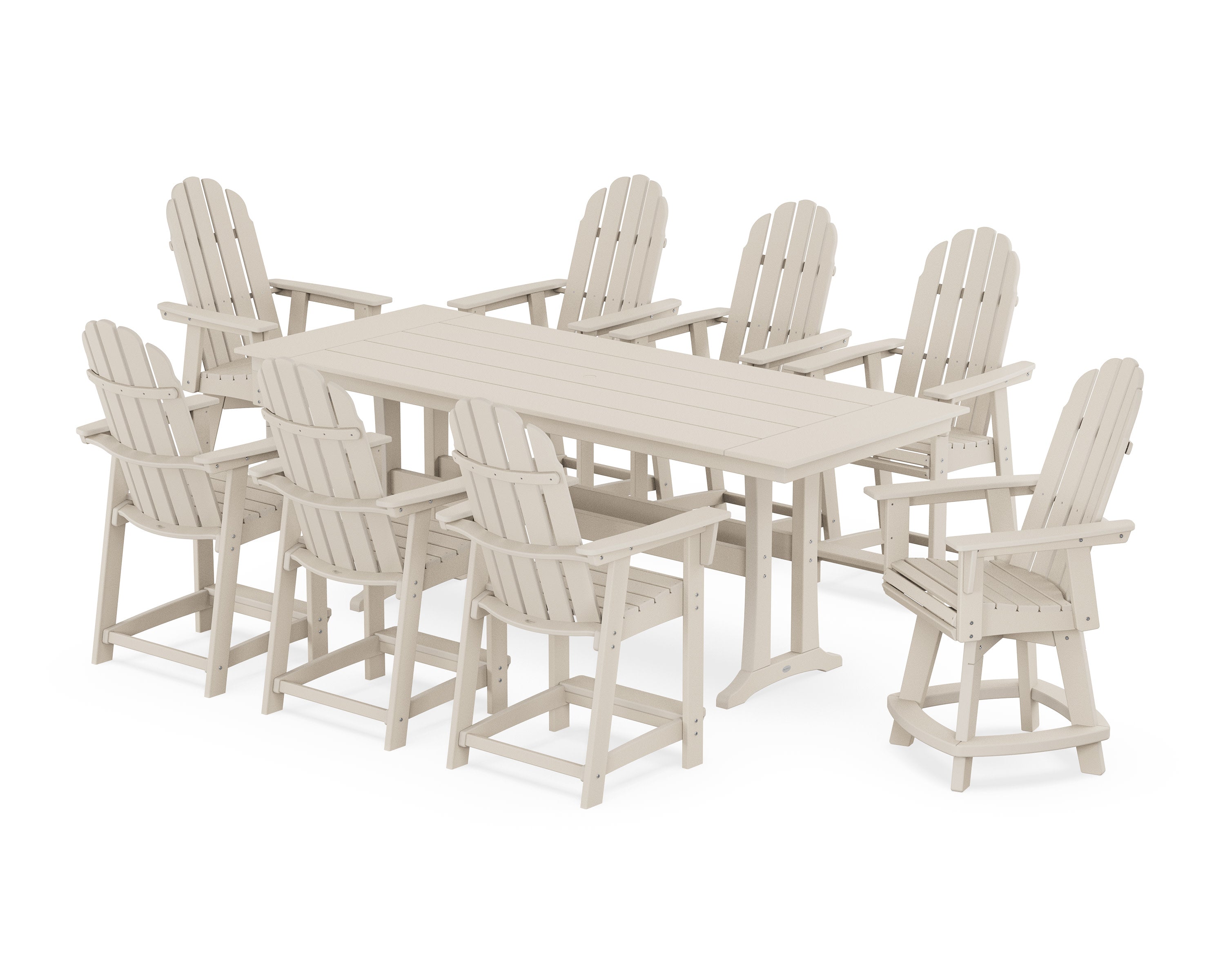 Vineyard Curveback Adirondack Swivel 9-Piece Farmhouse Counter Set with Trestle Legs in Sand