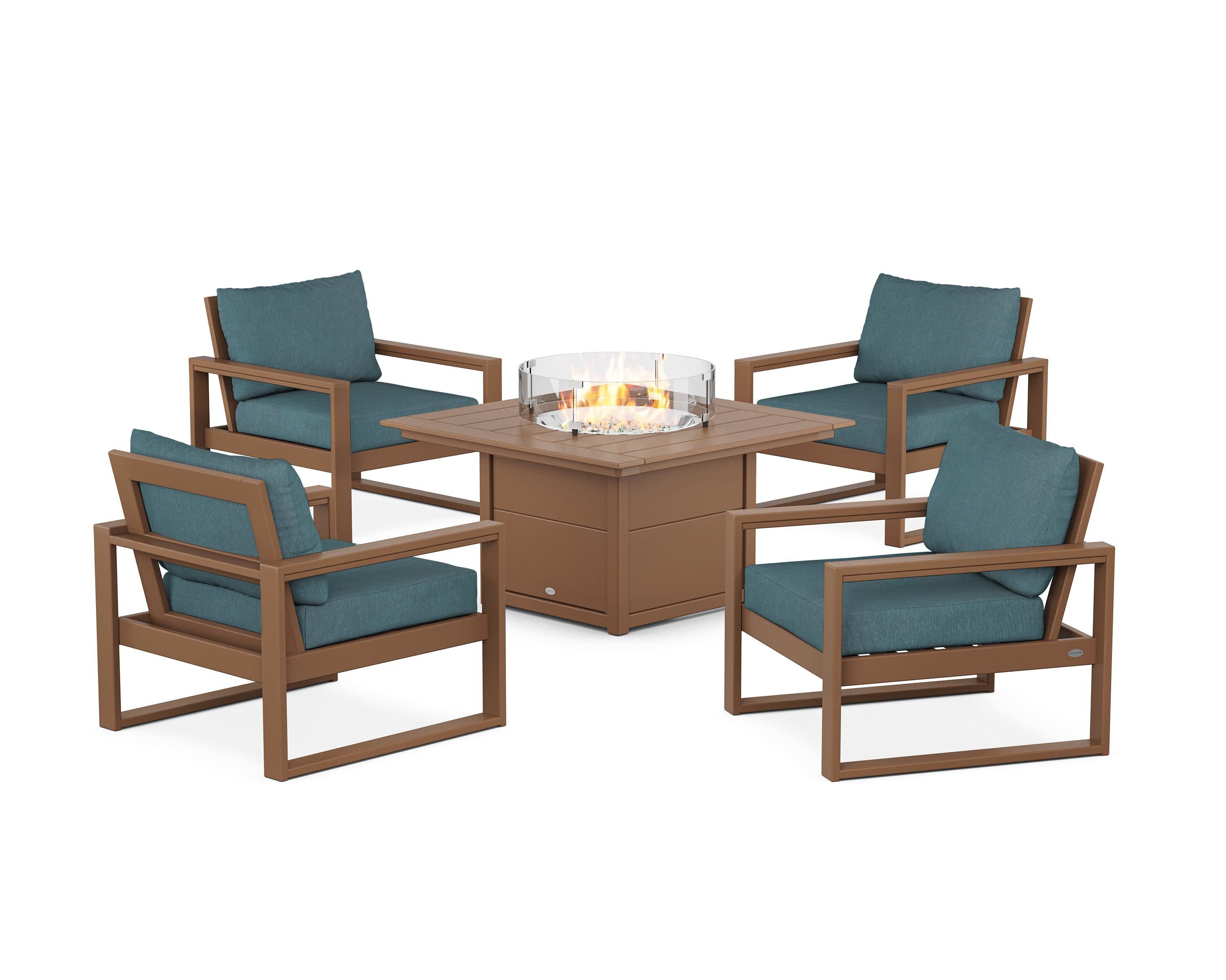 EDGE Sectional 5-Piece Deep Seating Set with Fire Pit Table in Teak / Ocean Teal