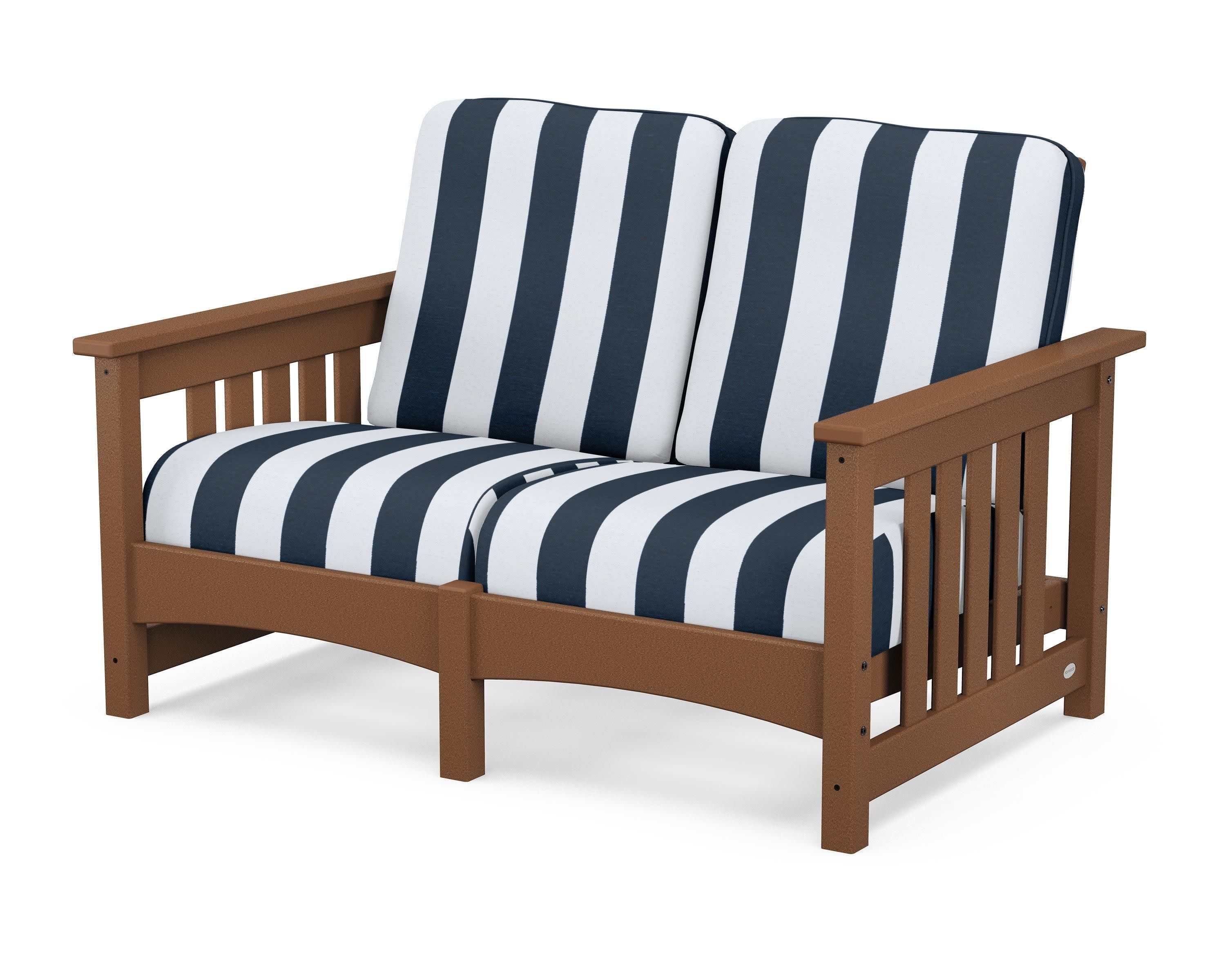 Club Mission Loveseat in Teak / Cabana Stripe Marine Indigo