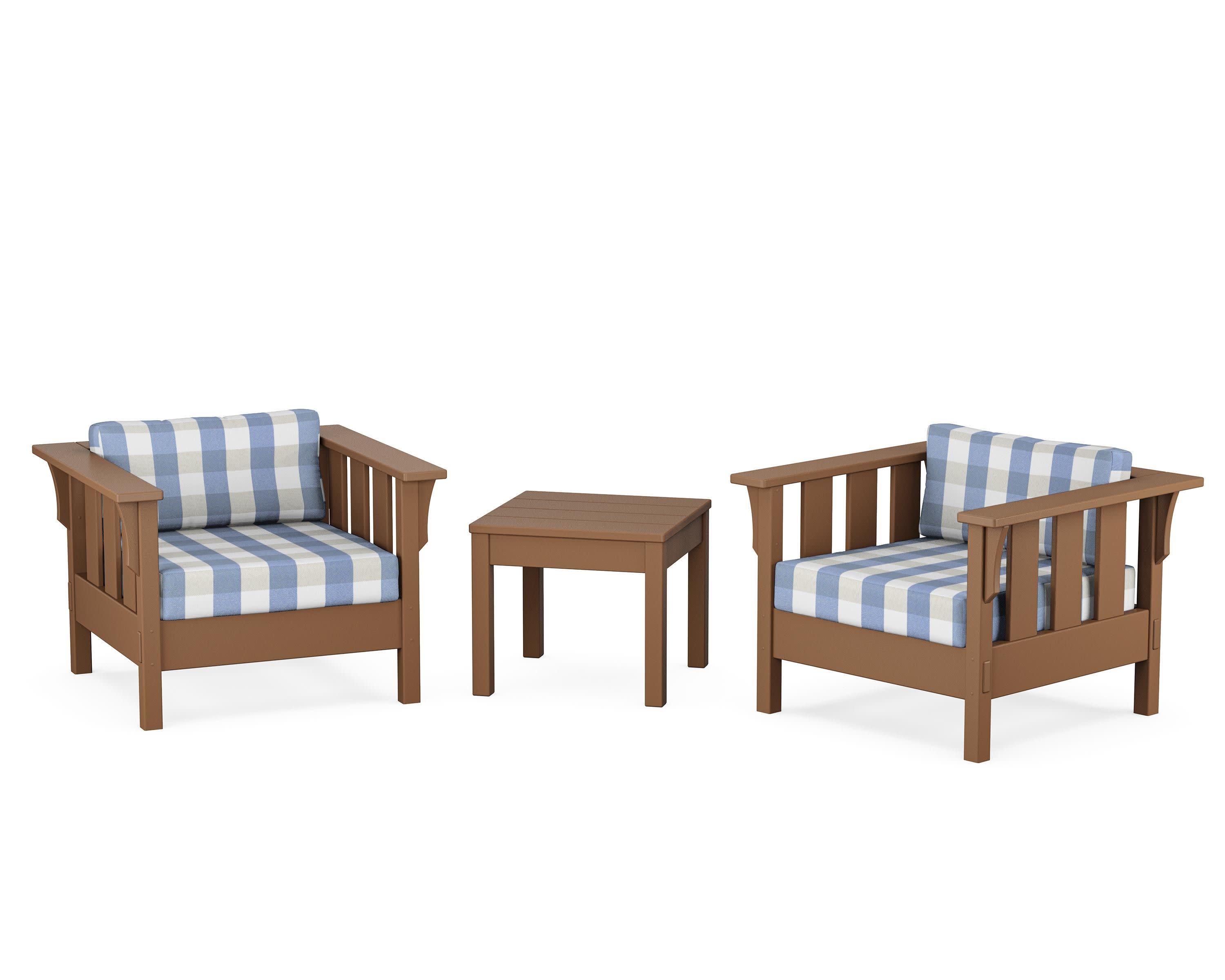 Acadia 3-Piece Deep Seating Set in Teak / Buffalo Plaid Sky Blue
