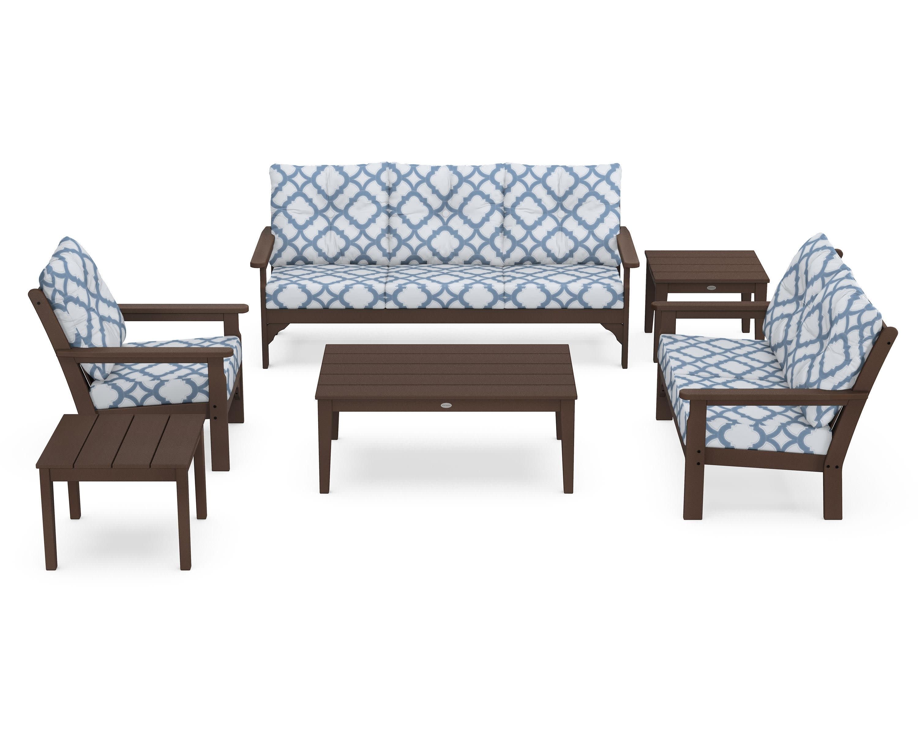 Vineyard 6-Piece Deep Seating Set in Mahogany / Trellis Sky Blue