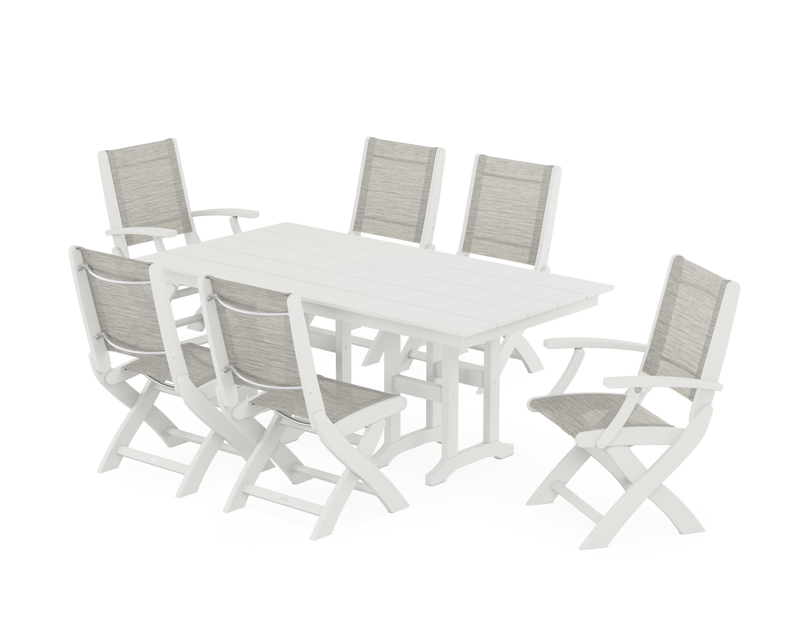 Coastal Folding Chair 7-Piece Farmhouse Dining Set in Vintage White / Birch Sling