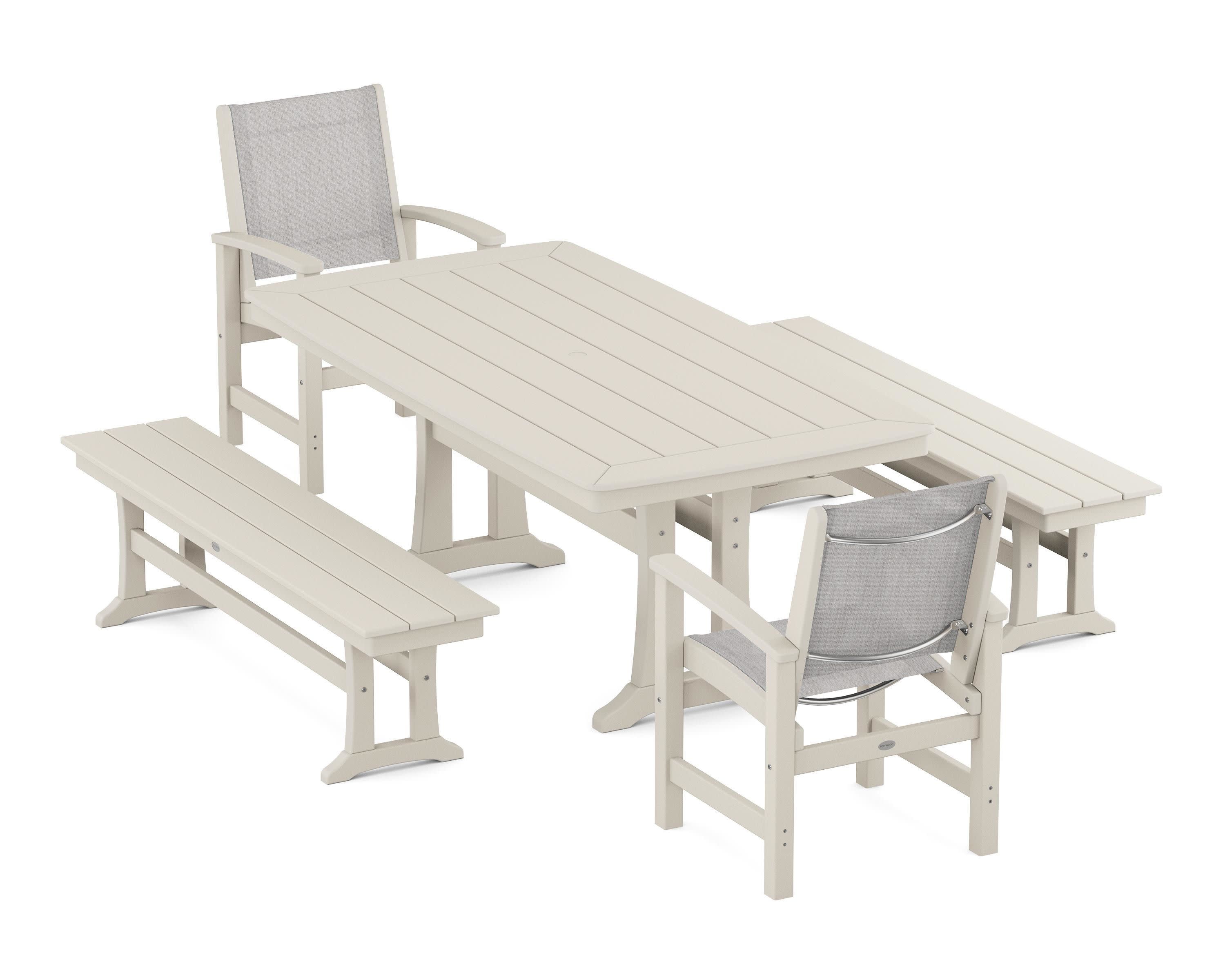 Coastal 5-Piece Dining Set with Trestle Legs and Benches in Sand / Parchment Sling