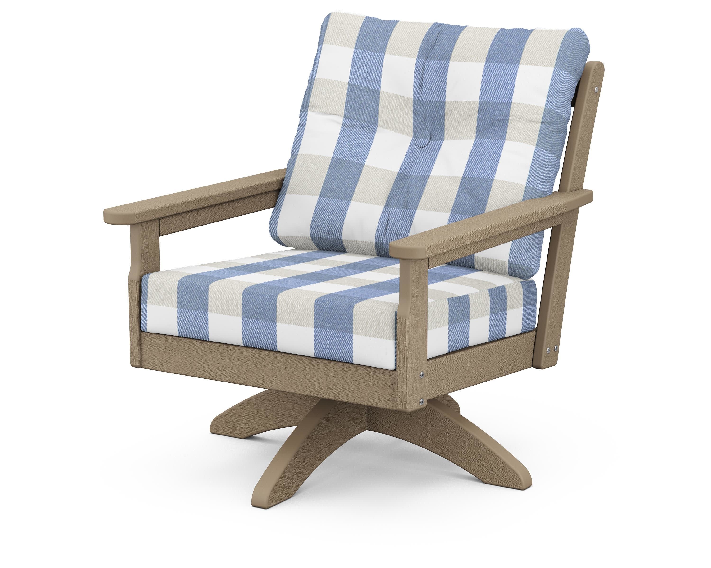 Vineyard Deep Seating Swivel Chair in Vintage Sahara / Buffalo Plaid Sky Blue