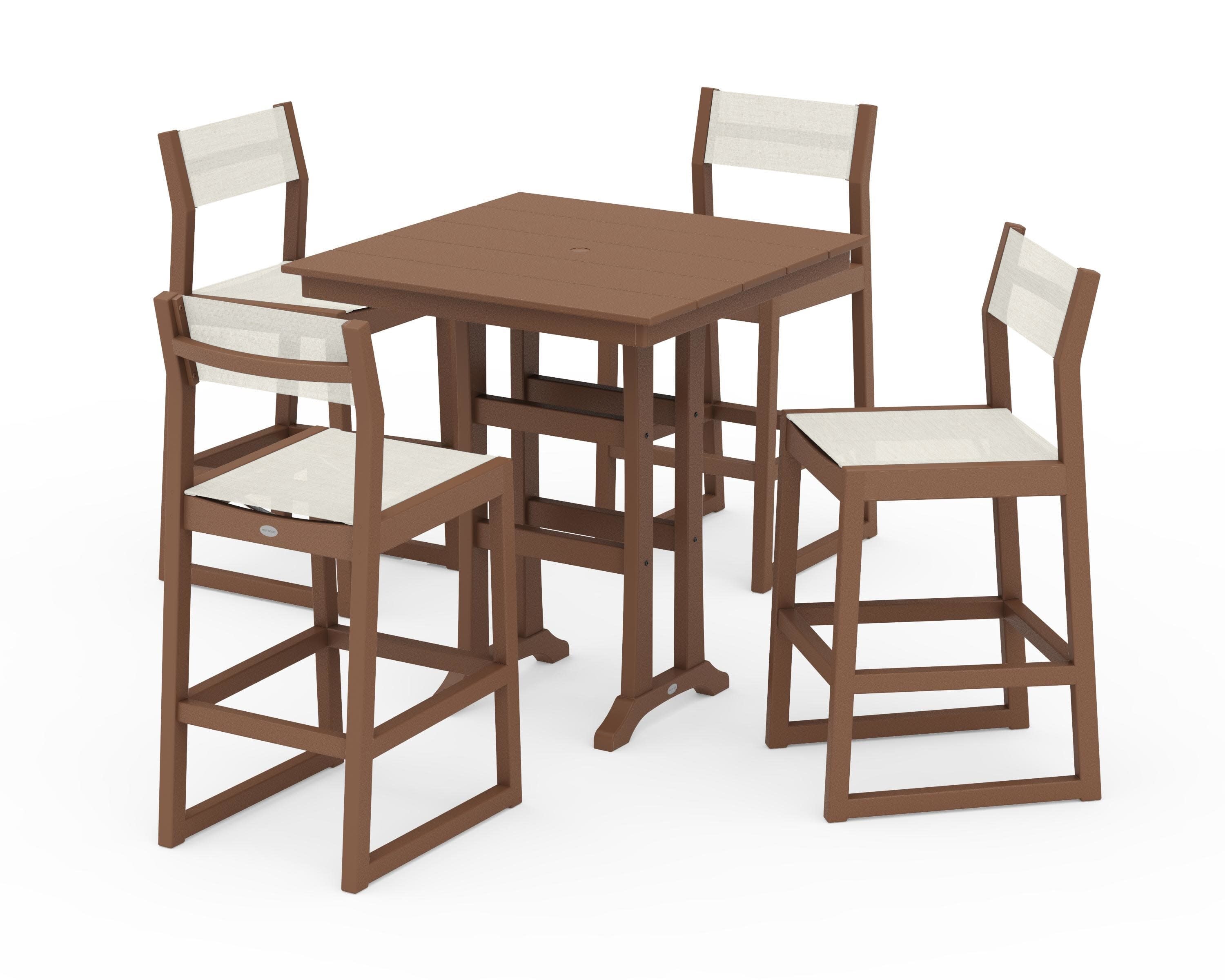 EDGE Sling Arm Chair 5-Piece Farmhouse Bar Set with Trestle Legs in Teak / Parchment Sling