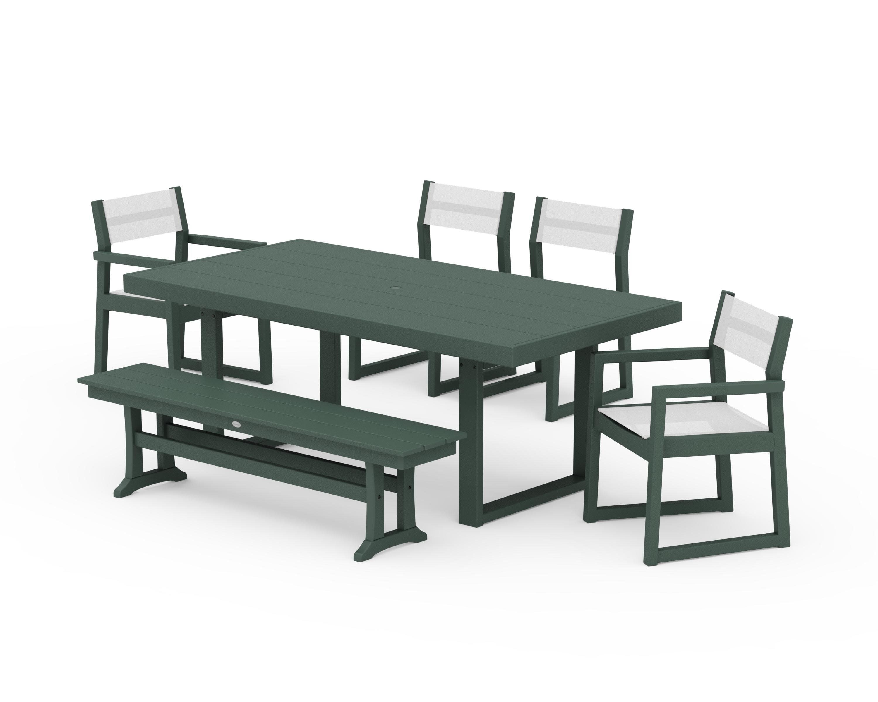 EDGE Sling 6-Piece Dining Set with Bench in Green / White Sling