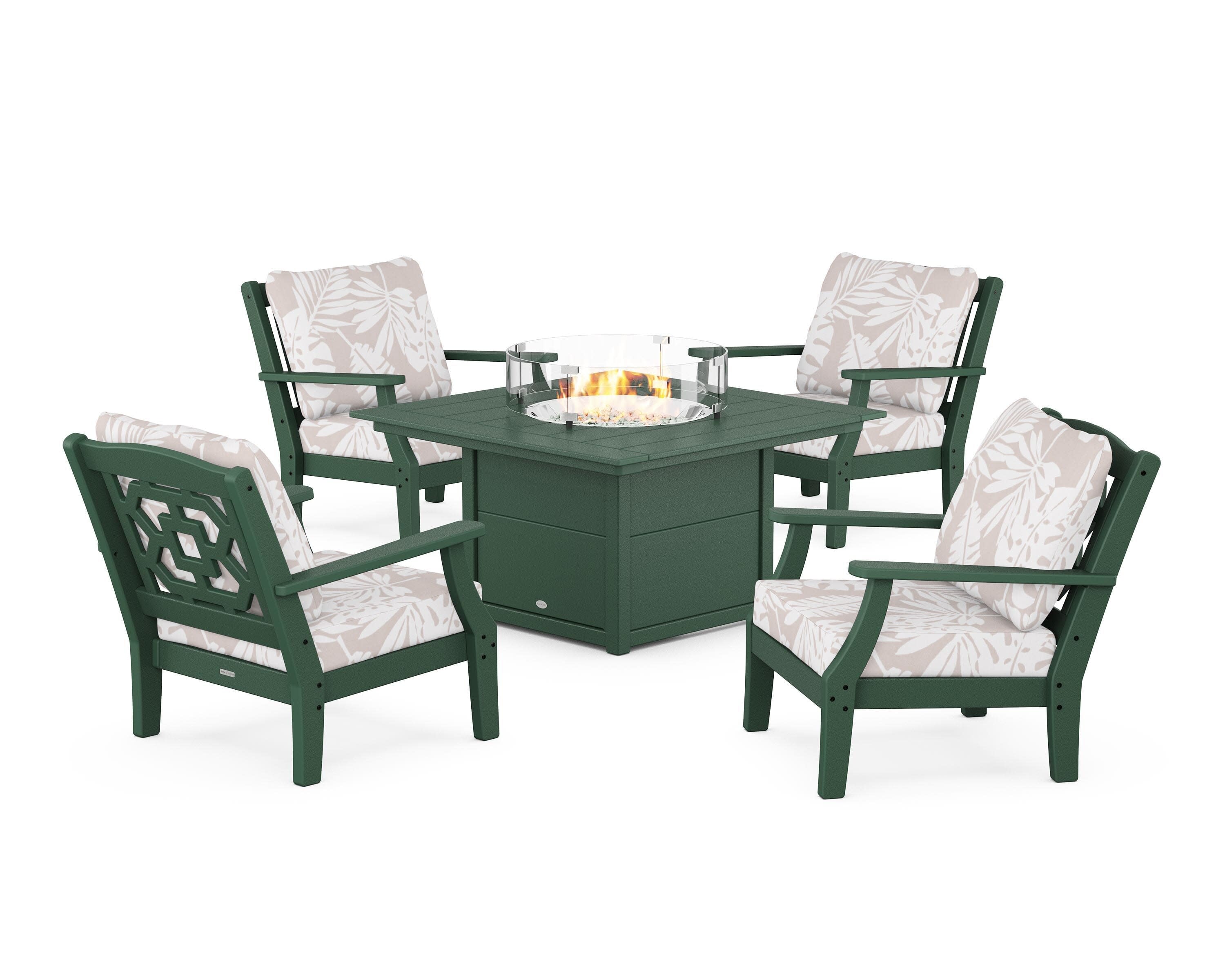 Chinoiserie 5-Piece Deep Seating Set with Fire Pit Table in Green / Leaf Dune Burlap