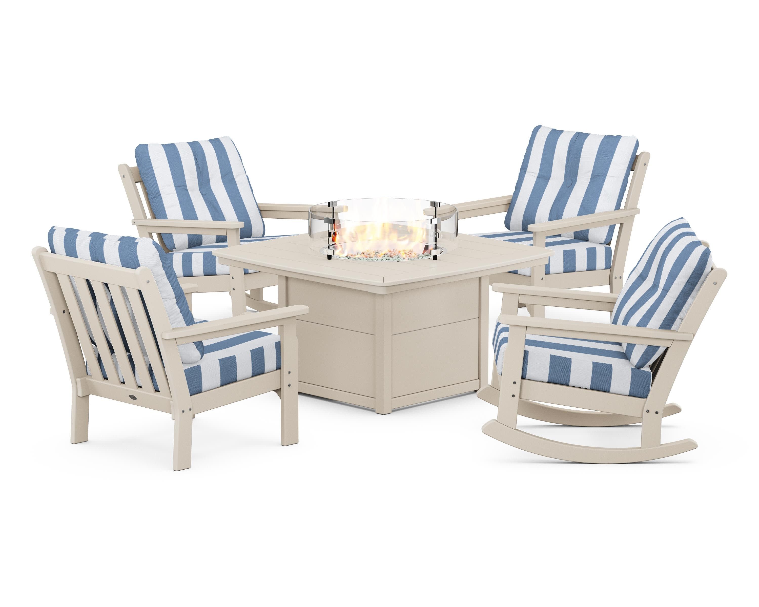 Vineyard 5-Piece Deep Seating Rocking Chair Conversation Set with Fire Pit Table in Sand / Cabana Stripe Sky Blue