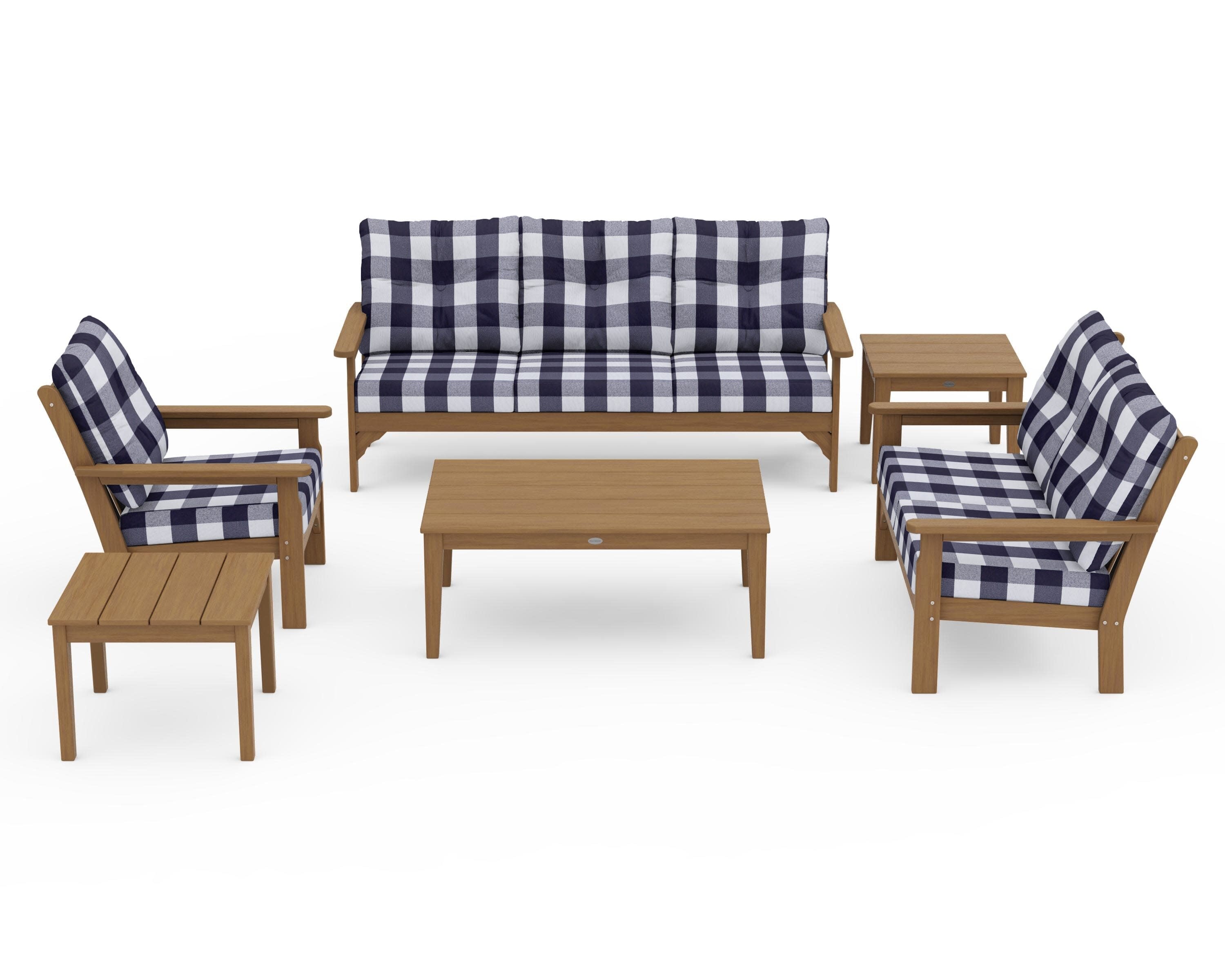 Vineyard 6-Piece Deep Seating Set in Natural / Buffalo Plaid Navy