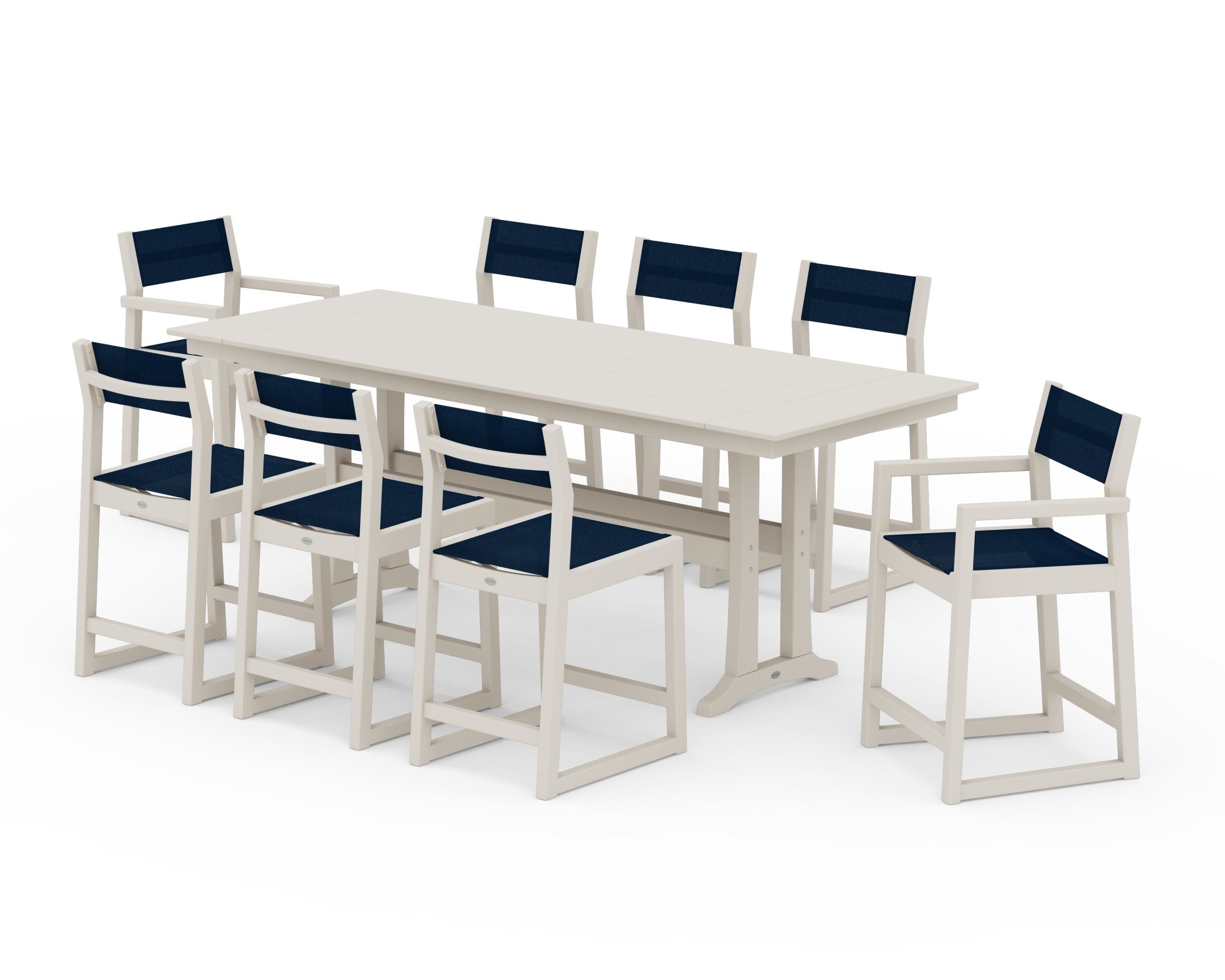 EDGE Sling 9-Piece Farmhouse Counter Set with Trestle Legs in Sand / Navy Blue Sling