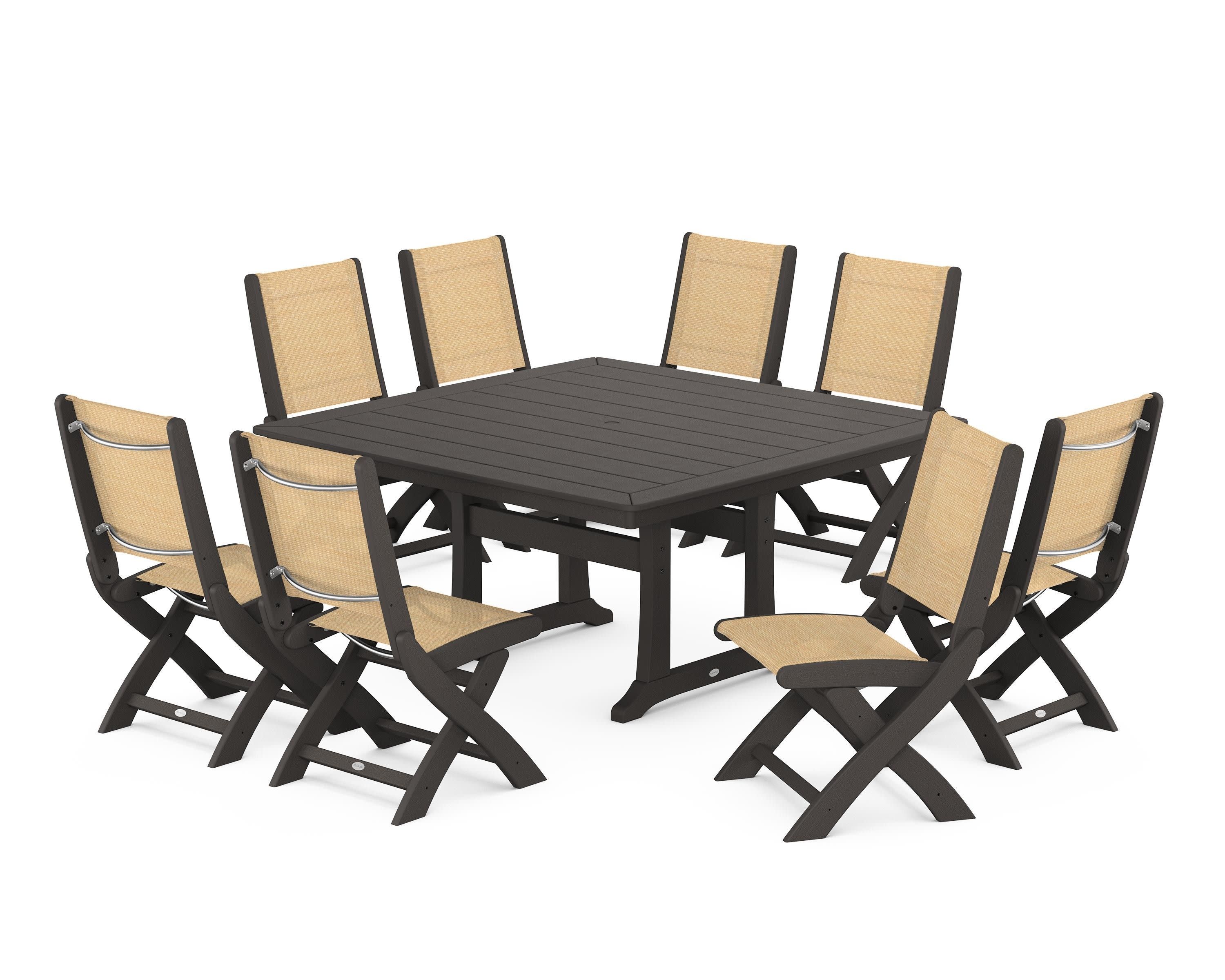 Coastal Folding Side Chair 9-Piece Dining Set with Trestle Legs in Vintage Coffee / Dupioni Apricot Sling