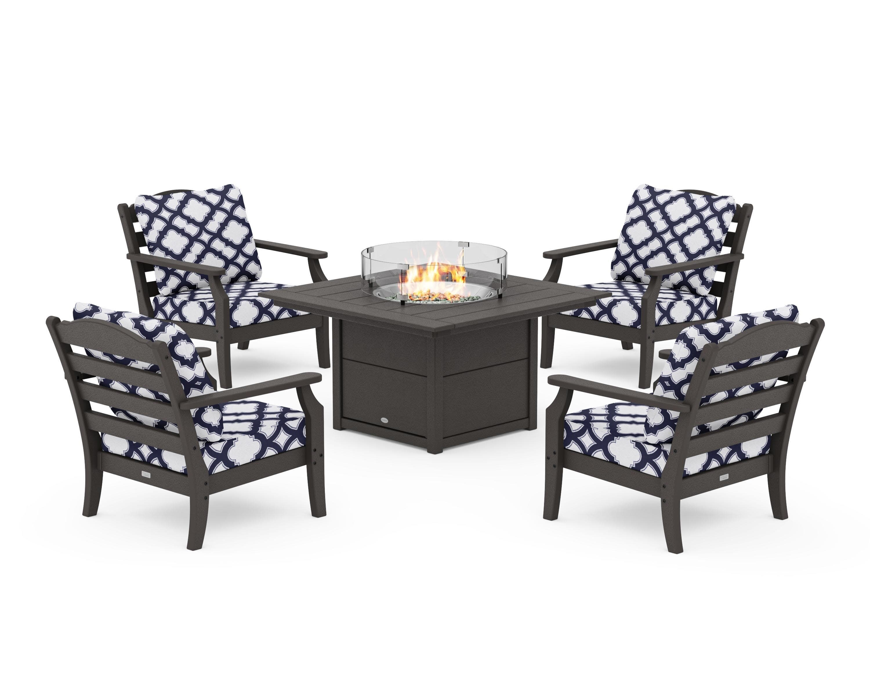 Savannah 5-Piece Deep Seating Set with Fire Pit Table in Vintage Coffee / Trellis Navy