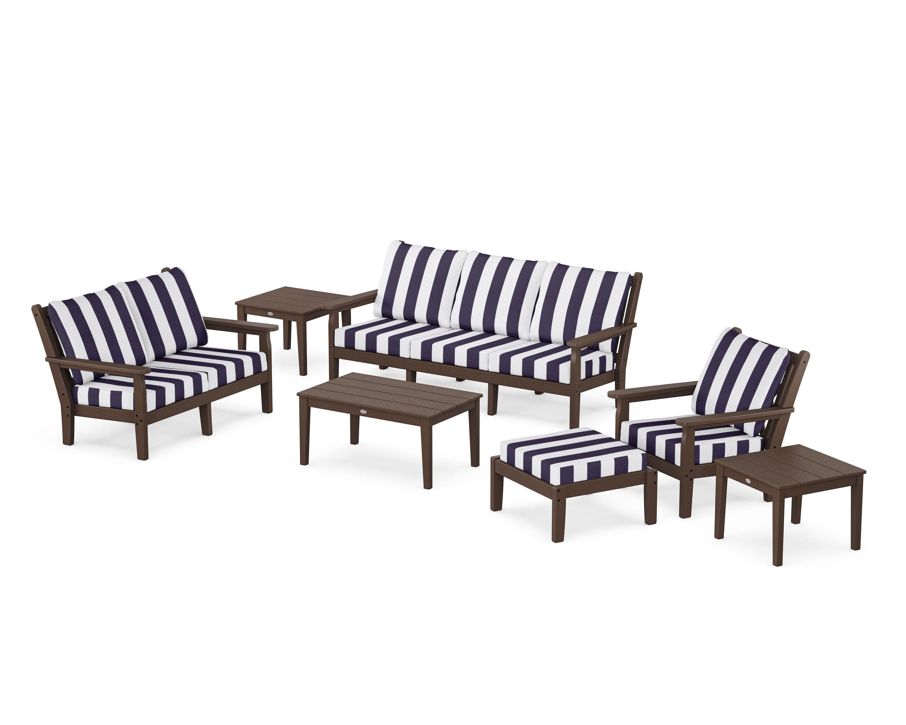 Chippendale 7-Piece Deep Seating Set in Mahogany / Cabana Stripe Navy