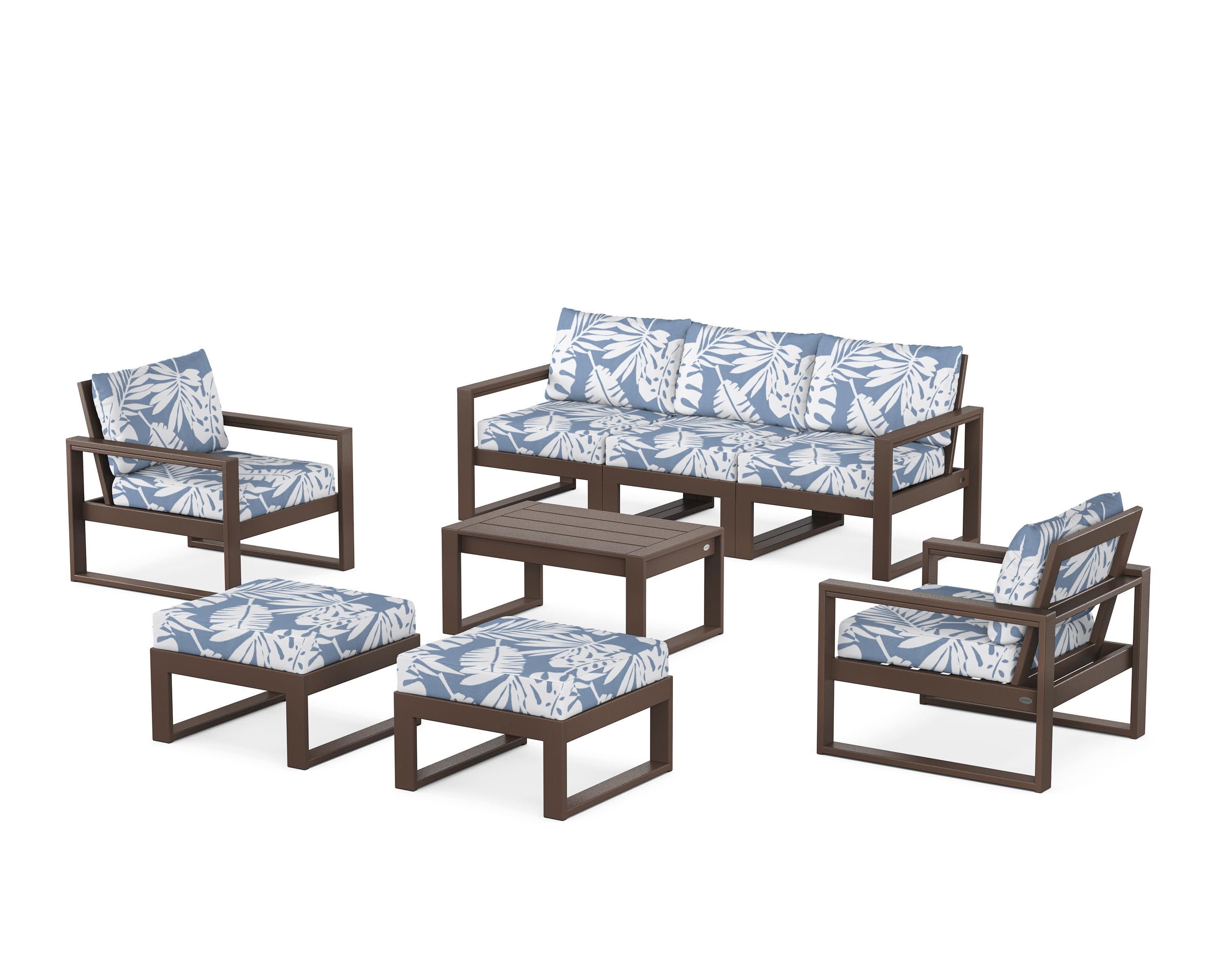 EDGE Sectional 8-Piece Lounge Sofa Set in Mahogany / Leaf Sky Blue