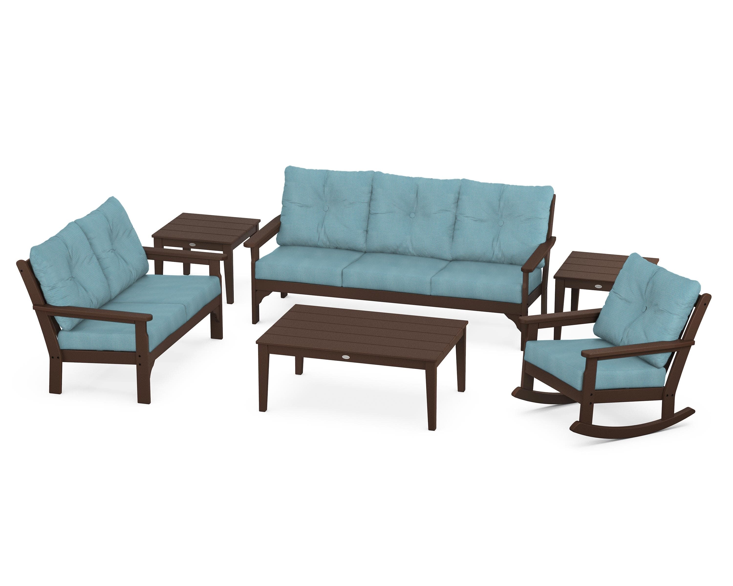 Vineyard 6-Piece Deep Seating Set in Mahogany / Lattice Sky Blue