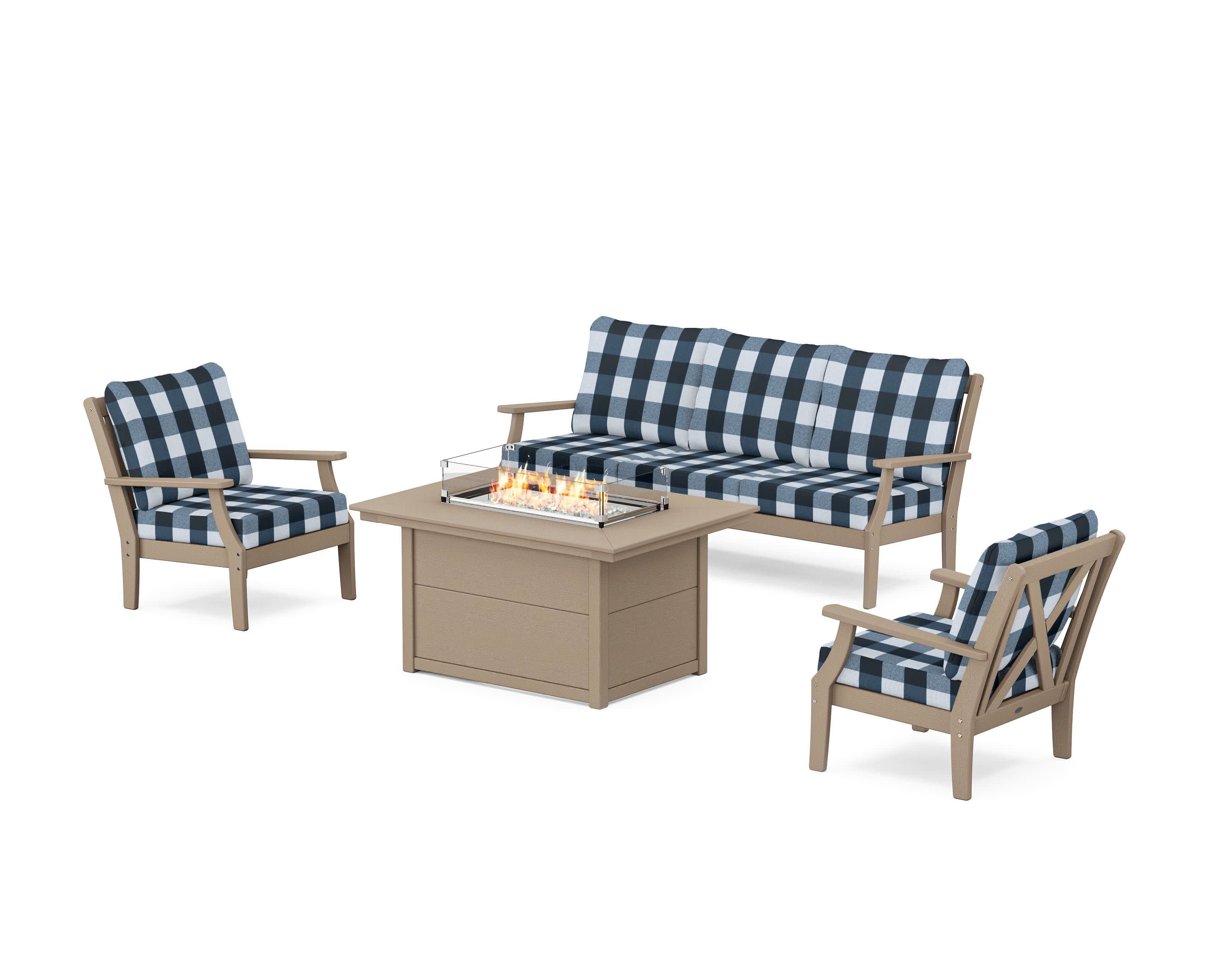 Braxton Deep Seating Fire Pit Table Set in Vintage Sahara / Buffalo Plaid Marine Indigo