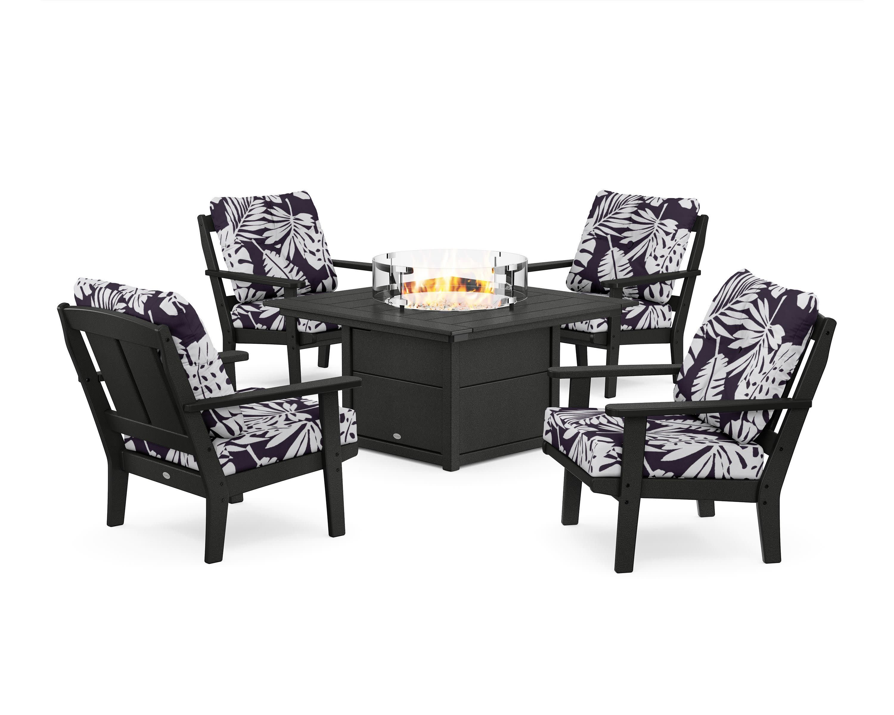 Mission 5-Piece Deep Seating Set with Fire Pit Table in Black / Leaf Navy