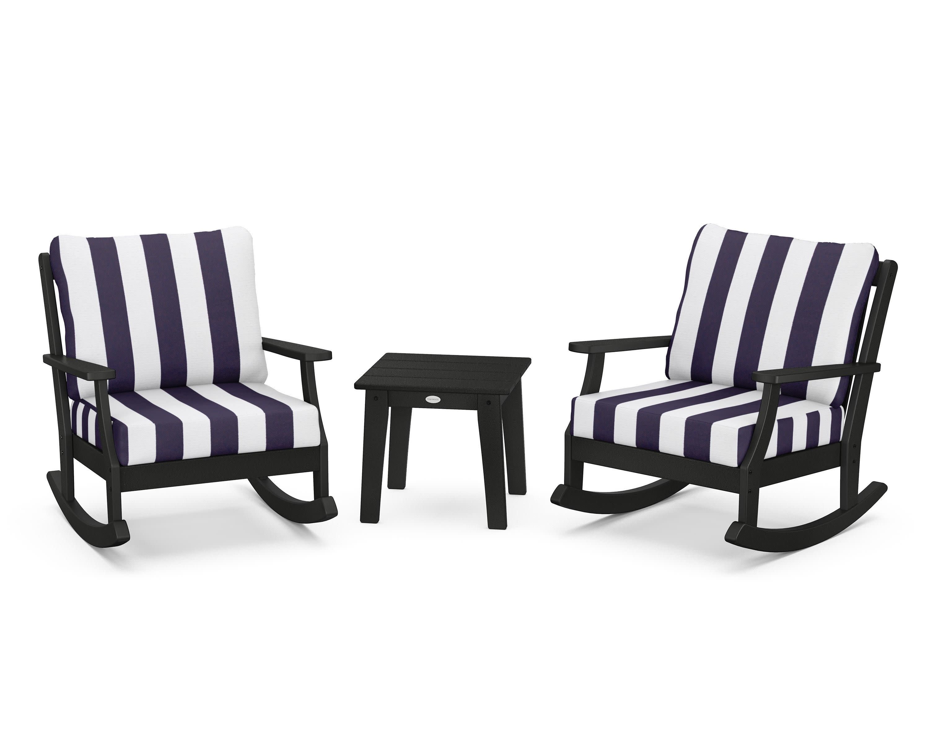 Braxton 3-Piece Deep Seating Rocker Set in Black / Cabana Stripe Navy