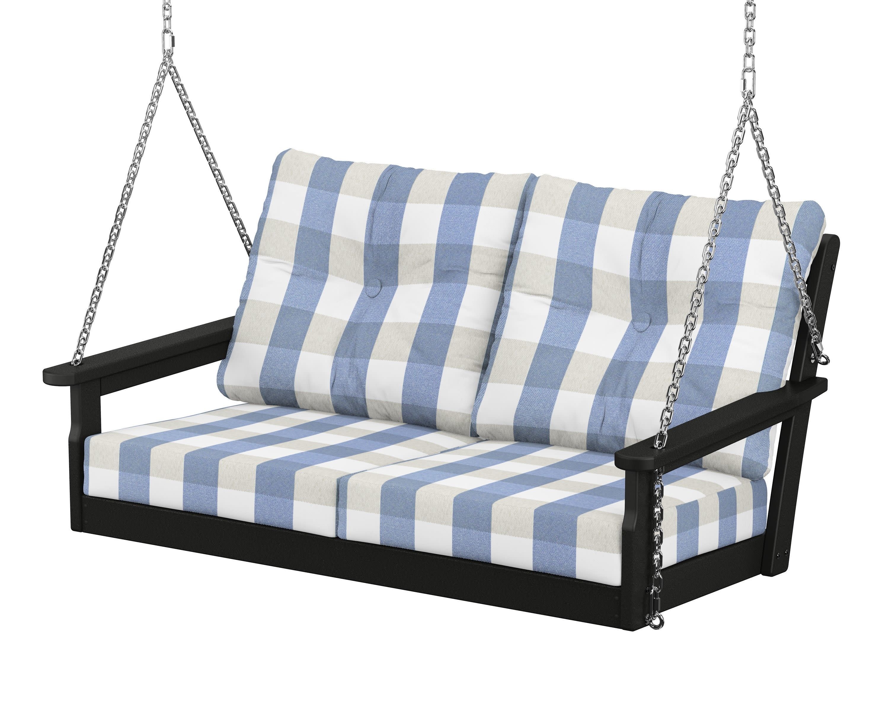 Vineyard Deep Seating Swing in Black / Buffalo Plaid Sky Blue