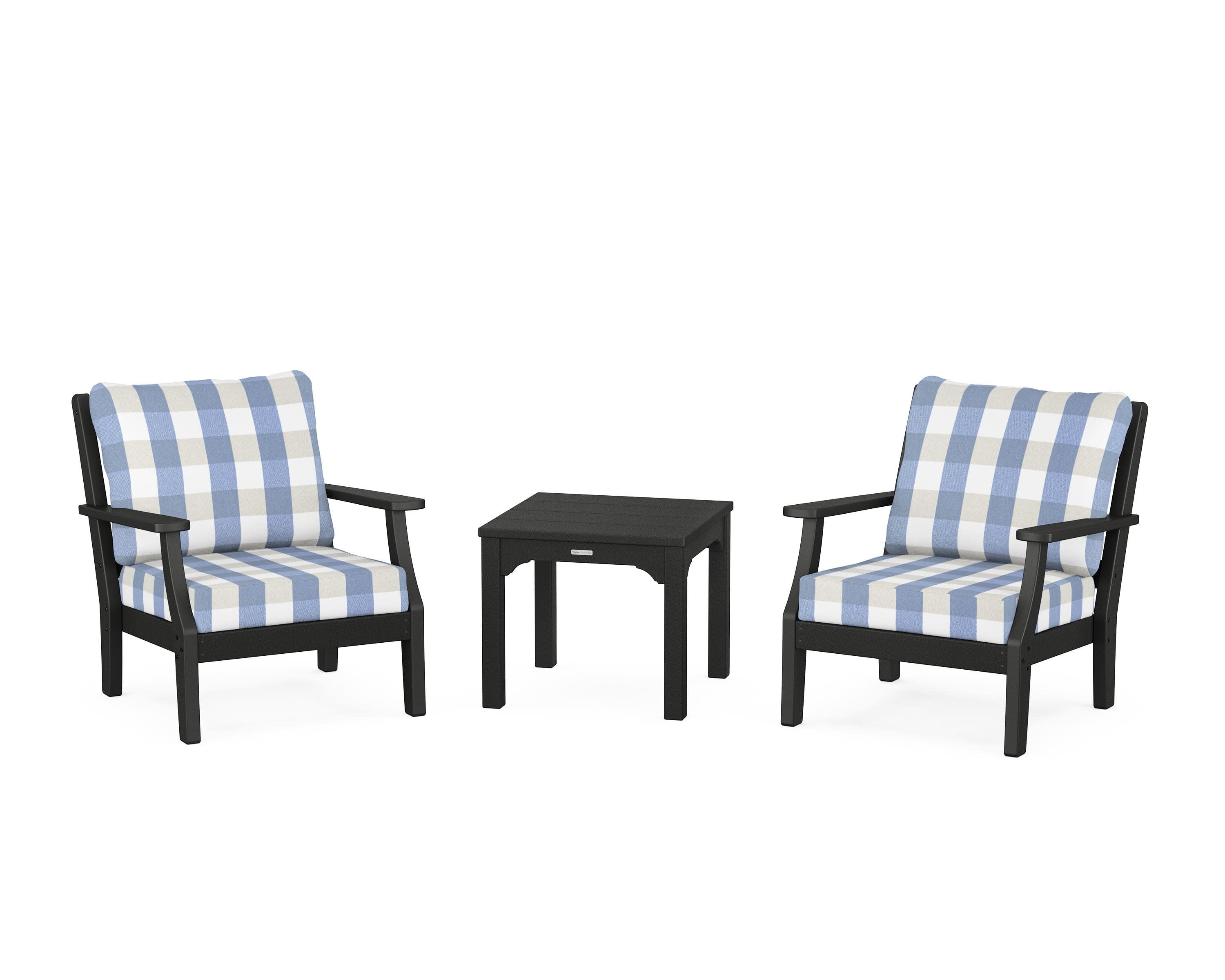 Chinoiserie 3-Piece Deep Seating Set in Black / Buffalo Plaid Sky Blue