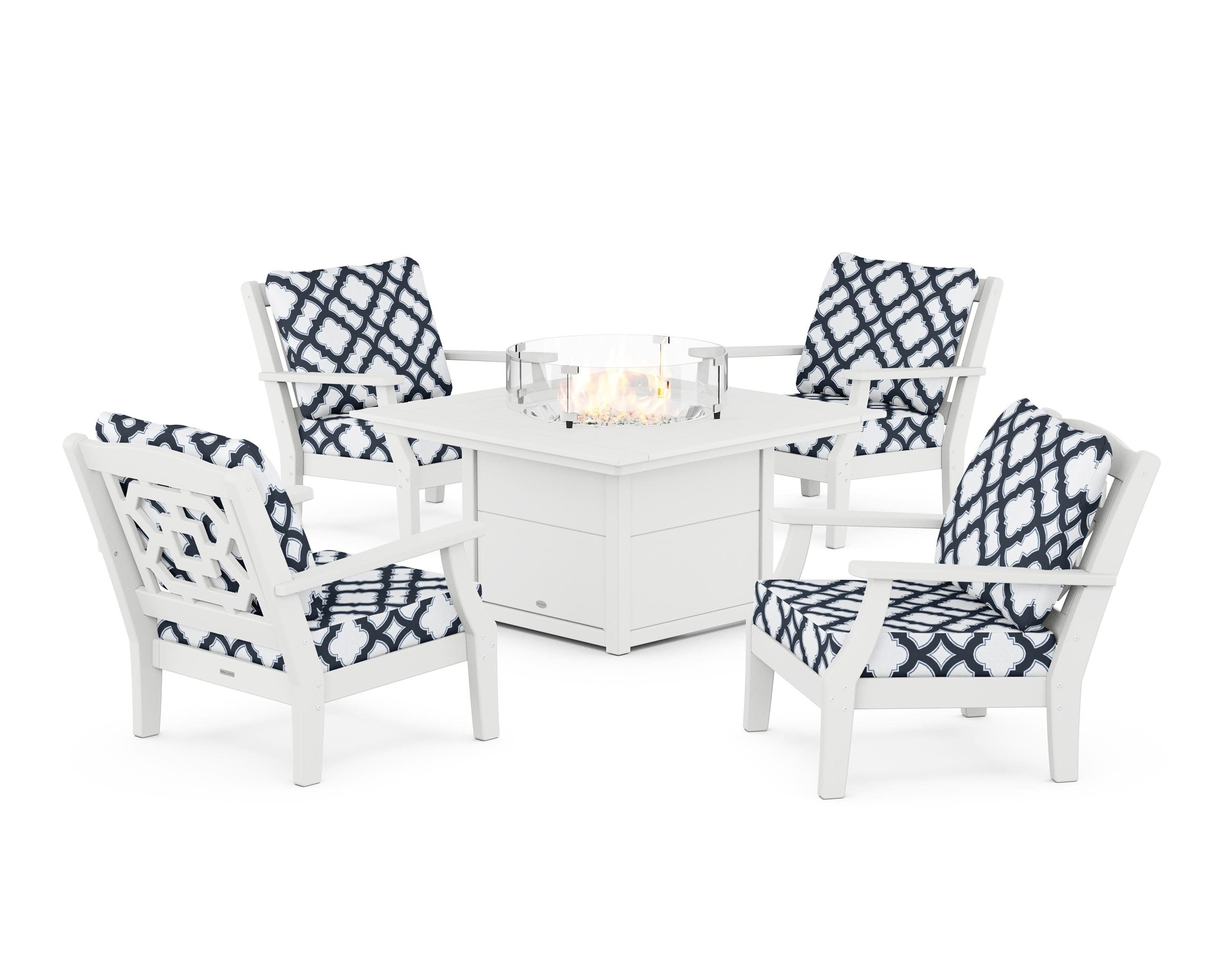 Chinoiserie 5-Piece Deep Seating Set with Fire Pit Table in White / Trellis Marine Indigo