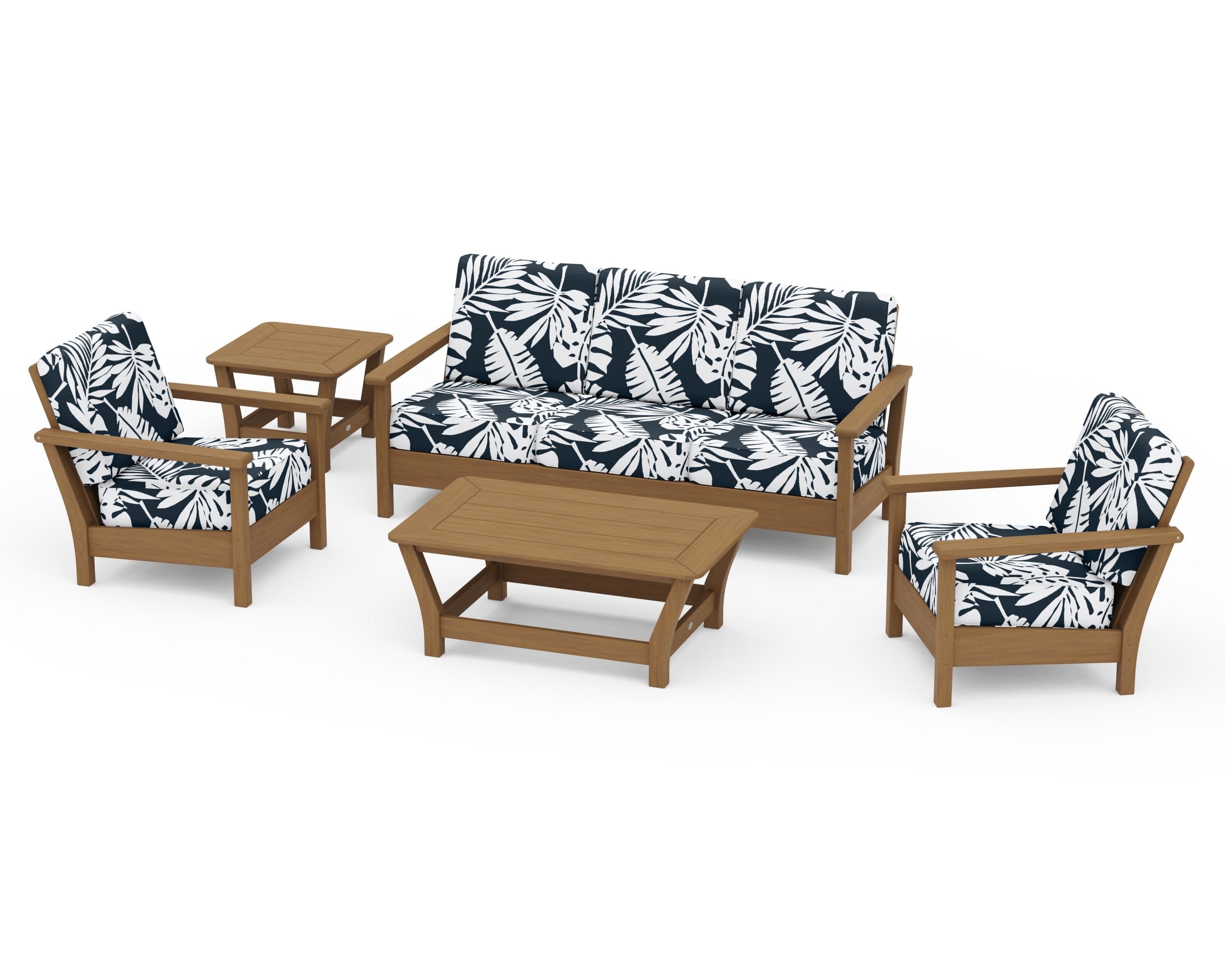 Harbour 5-Piece Deep Seating Set in Natural / Leaf Marine Indigo