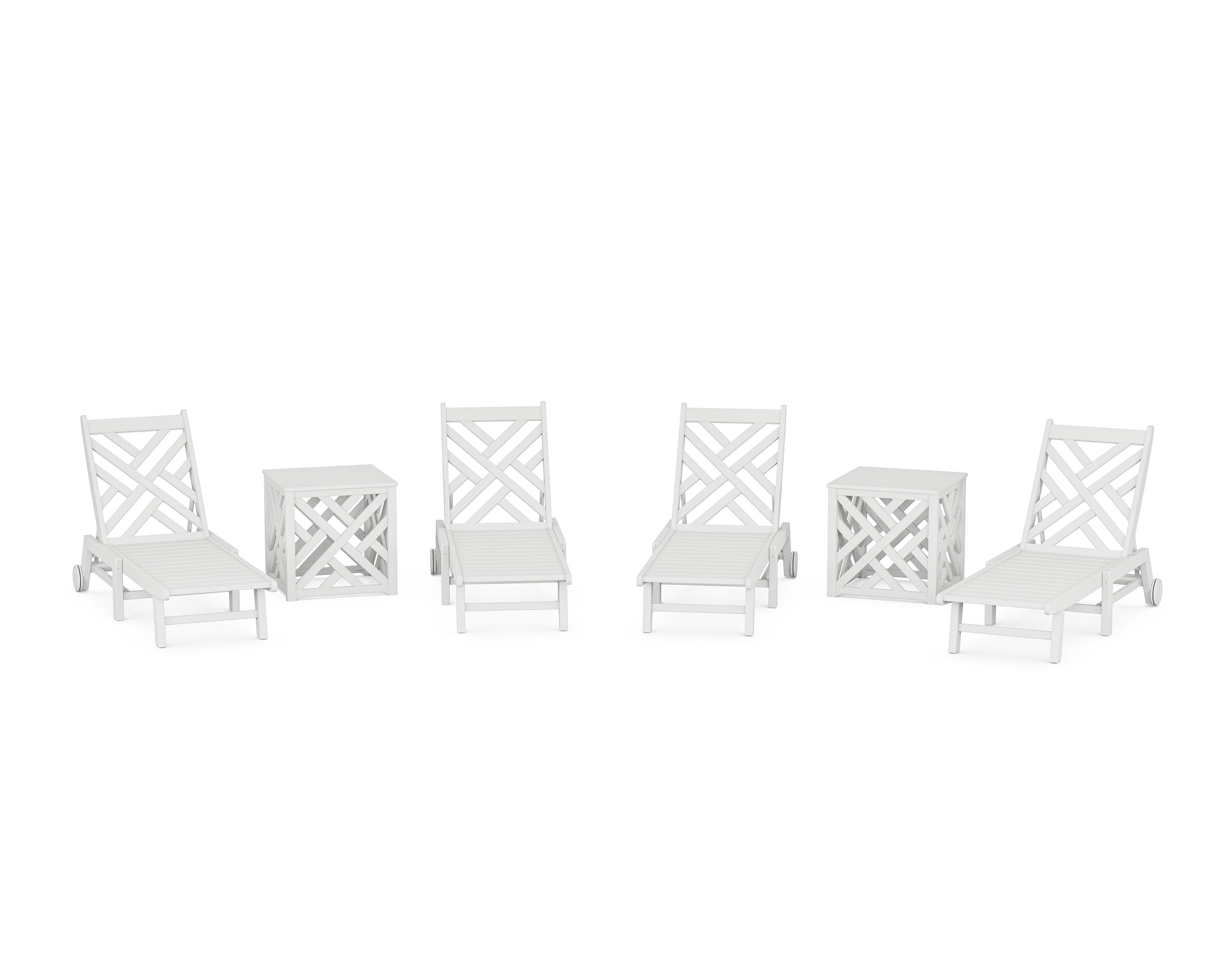 Chippendale 6-Piece Chaise Set with Wheels and Umbrella Stand Accent Table in White