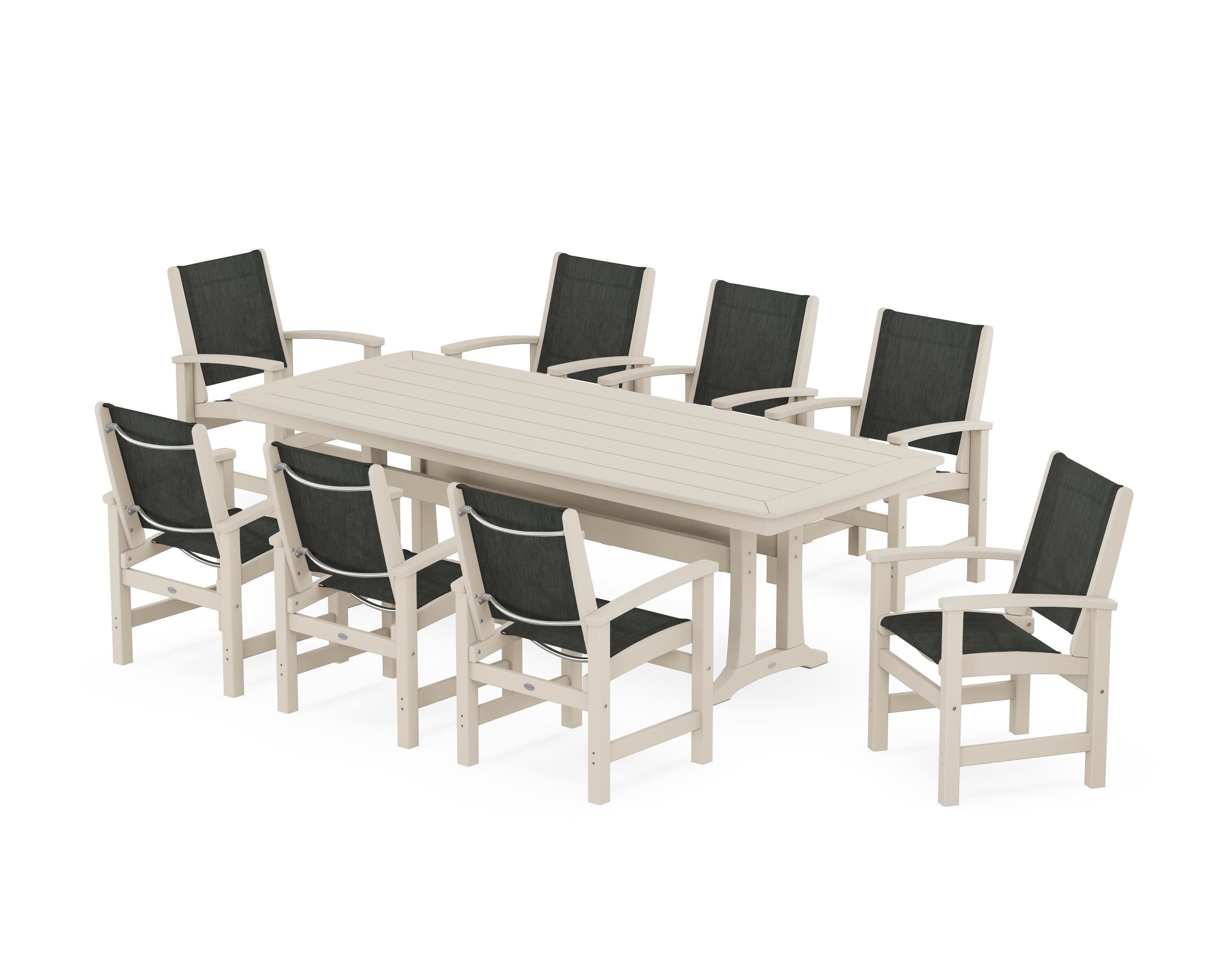 Coastal 9-Piece Dining Set with Trestle Legs in Sand / Ember Sling